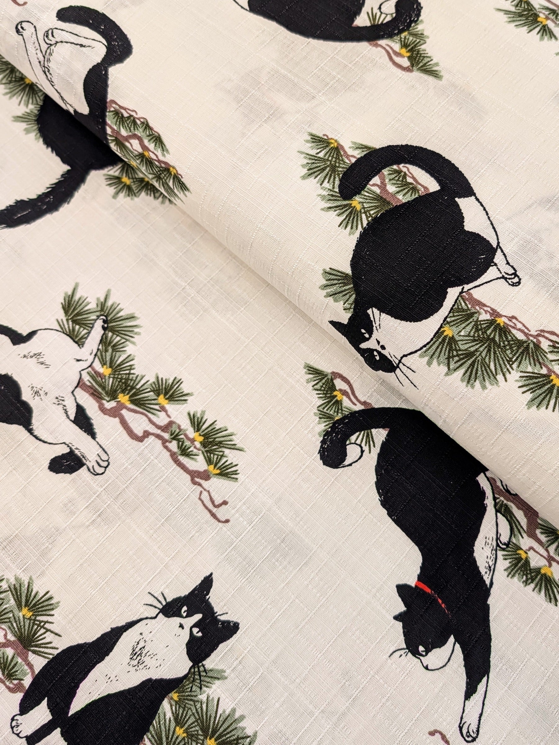 Cosmo - Tuxedo Cats in the Garden Cotton Dobby - Beige