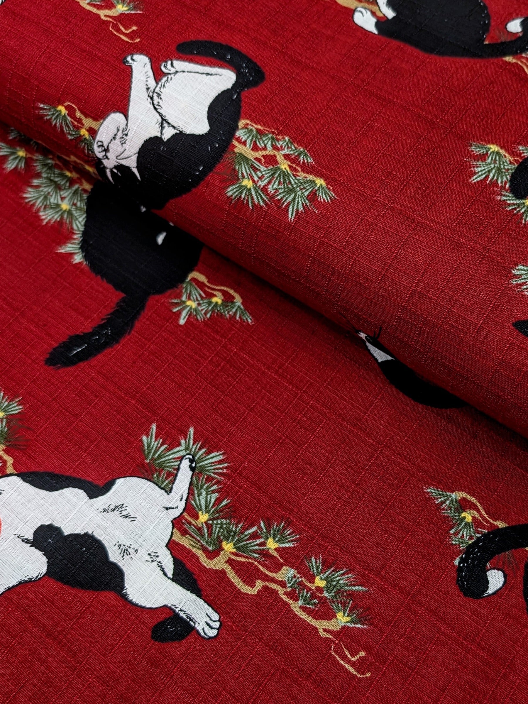 Cosmo - Tuxedo Cats in the Garden Cotton Dobby - Burgundy