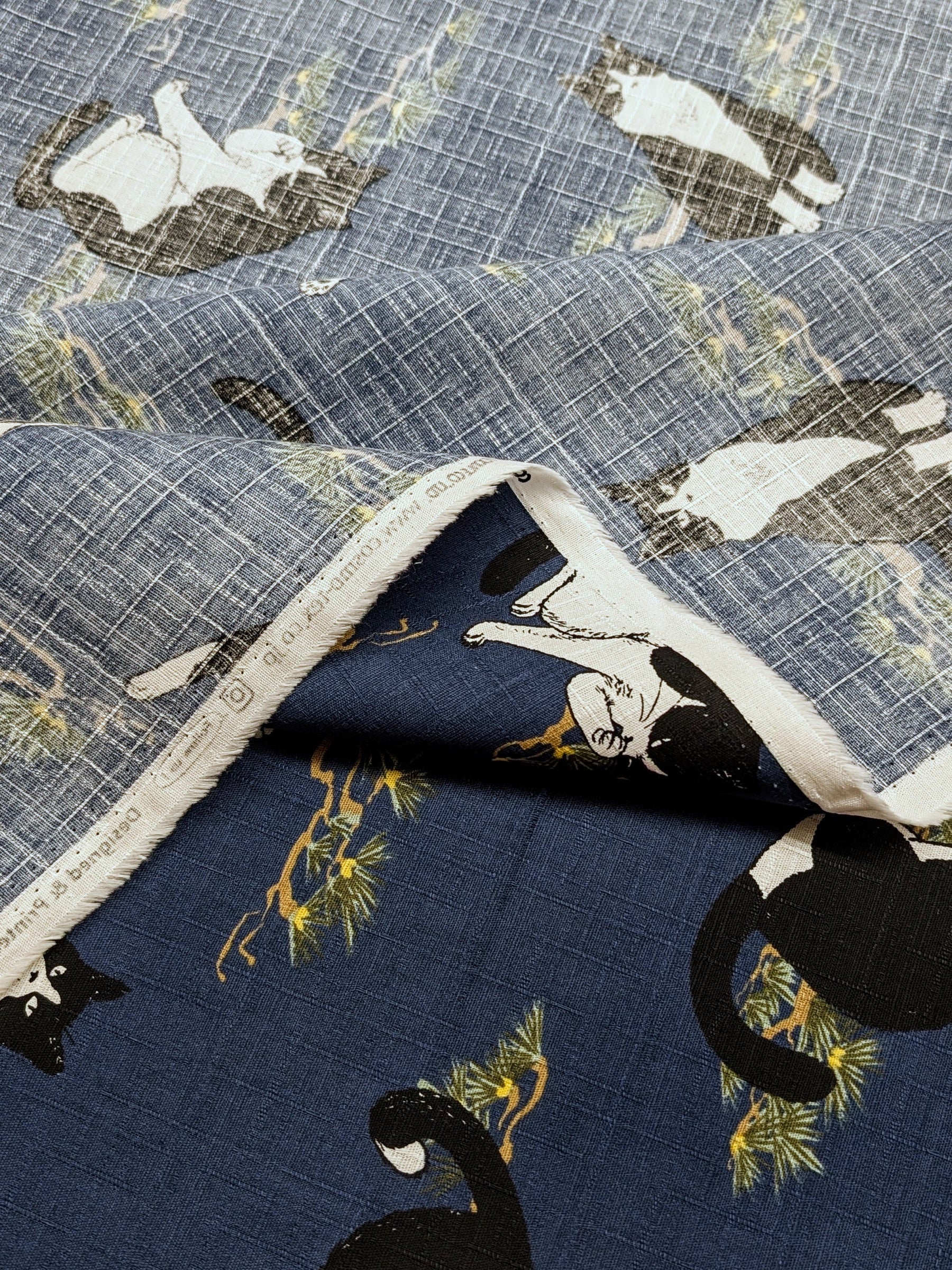 Cosmo - Tuxedo Cats in the Garden Cotton Dobby - Navy