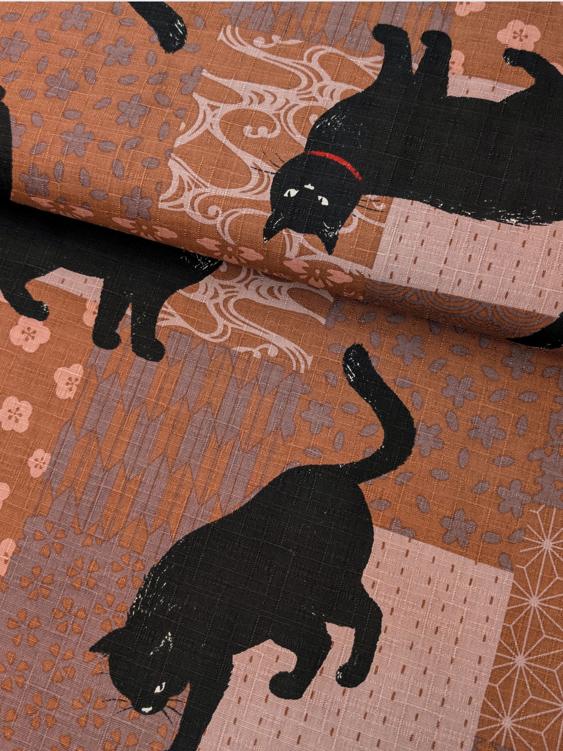 Cosmo - Boro Black Cats Cotton Dobby Fabric - Pink