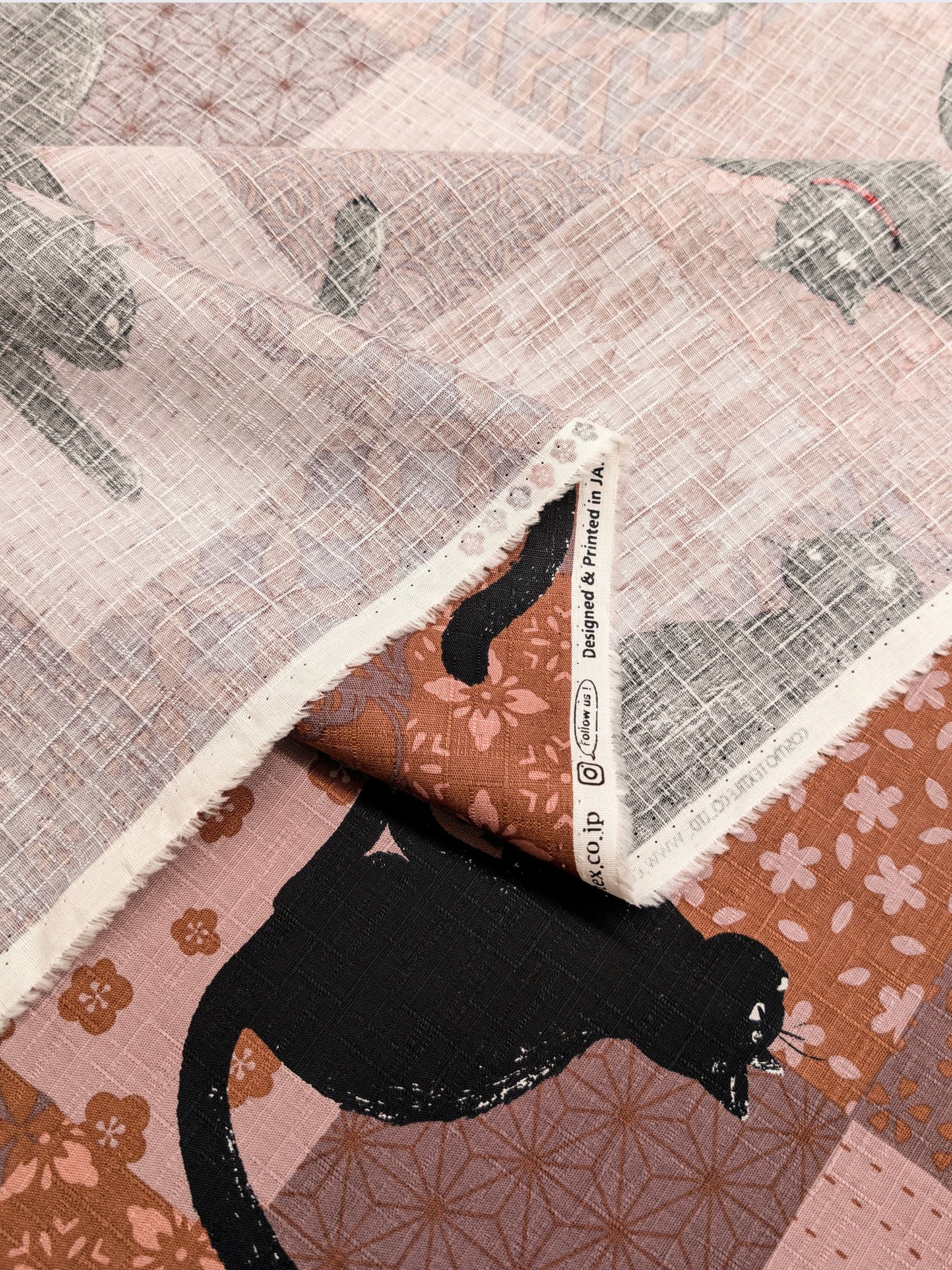 Cosmo - Boro Black Cats Cotton Dobby Fabric - Pink