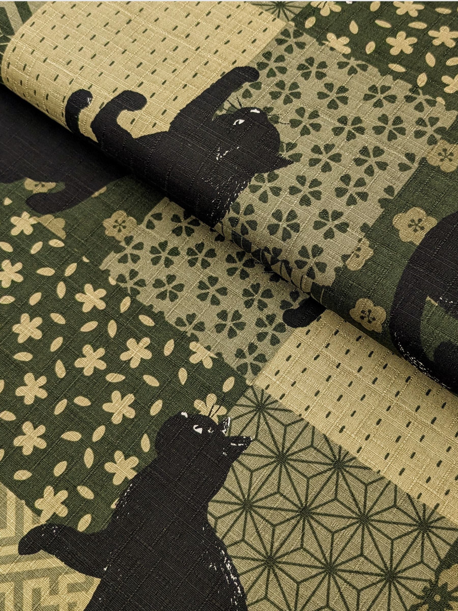 Cosmo - Boro Black Cats Cotton Dobby Fabric - Green