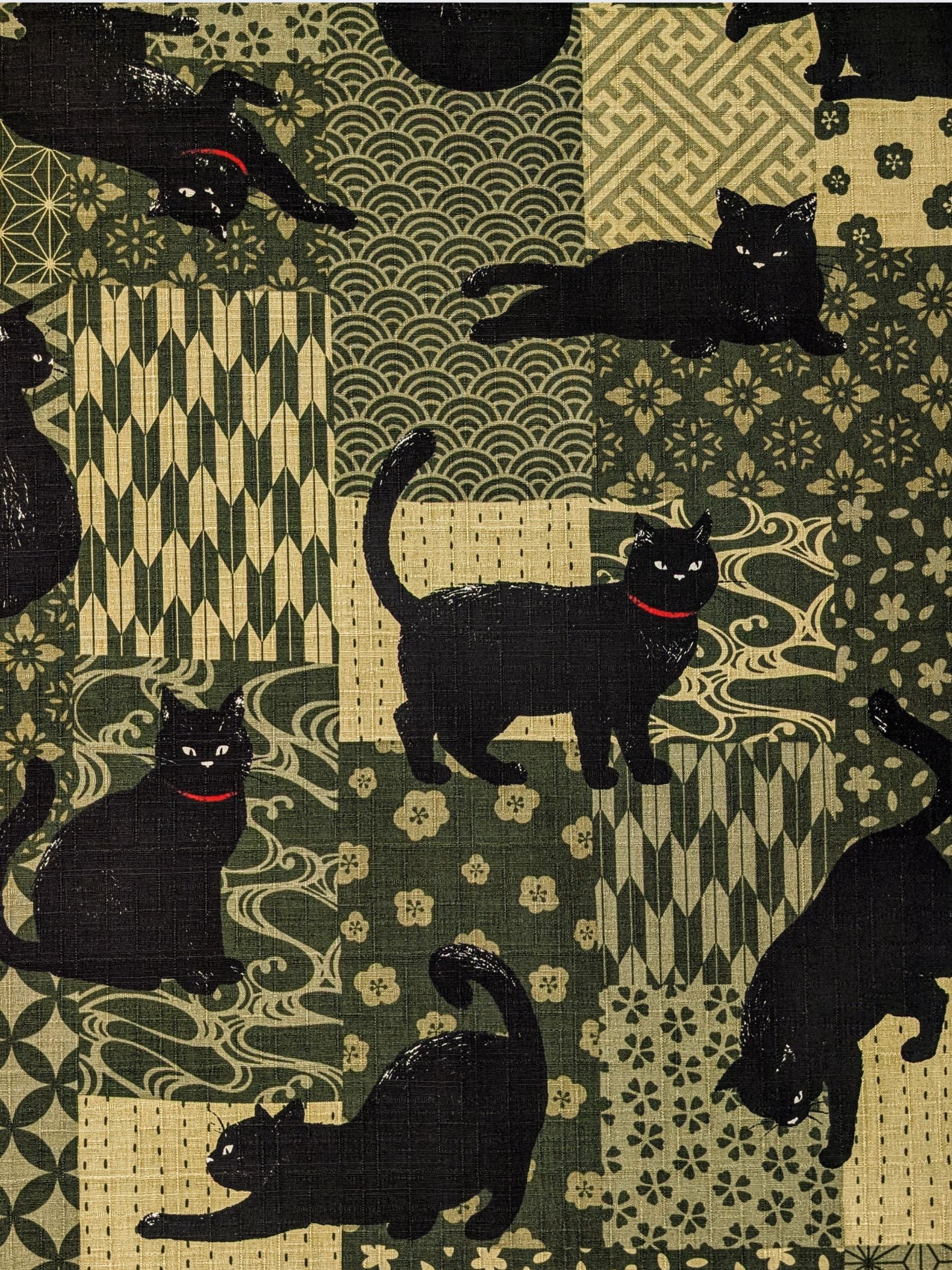 Cosmo - Boro Black Cats Cotton Dobby Fabric - Green