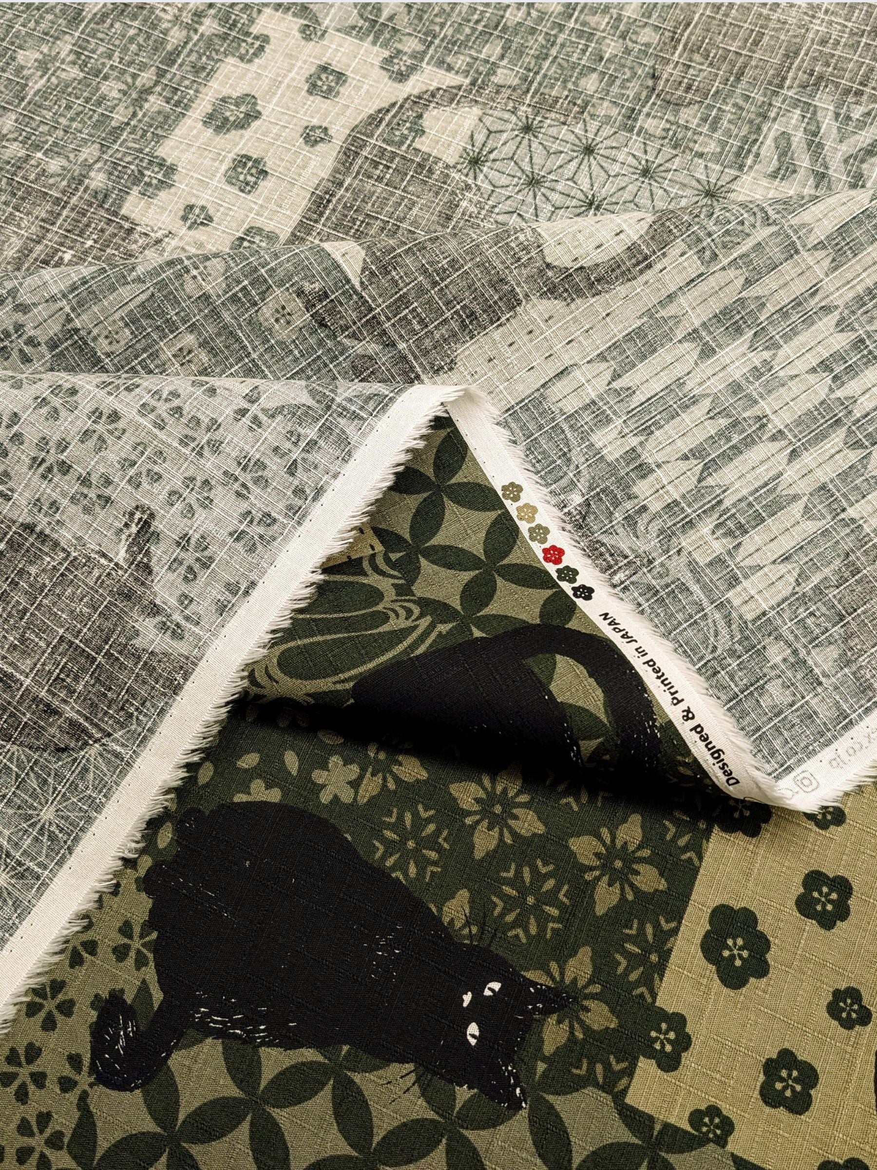 Cosmo - Boro Black Cats Cotton Dobby Fabric - Green