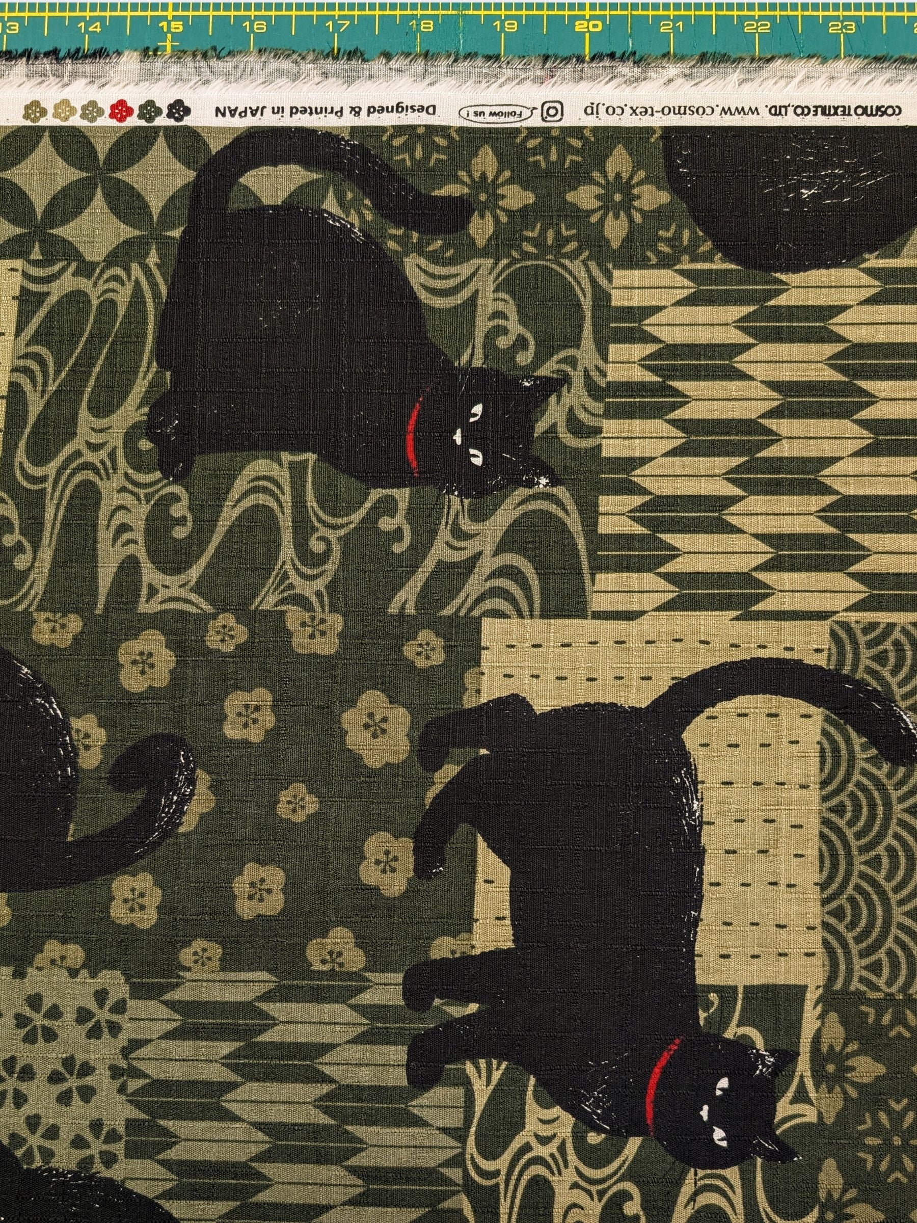 Cosmo - Boro Black Cats Cotton Dobby Fabric - Green