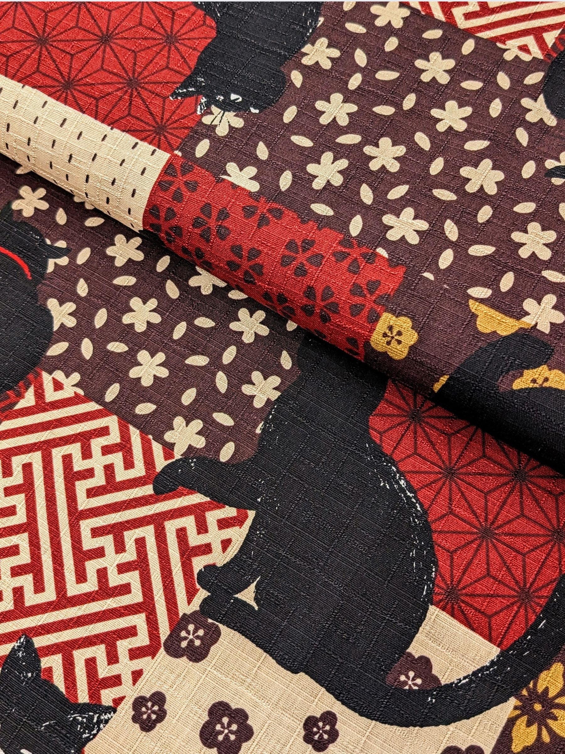 Cosmo - Boro Black Cats Cotton Dobby Fabric - Red