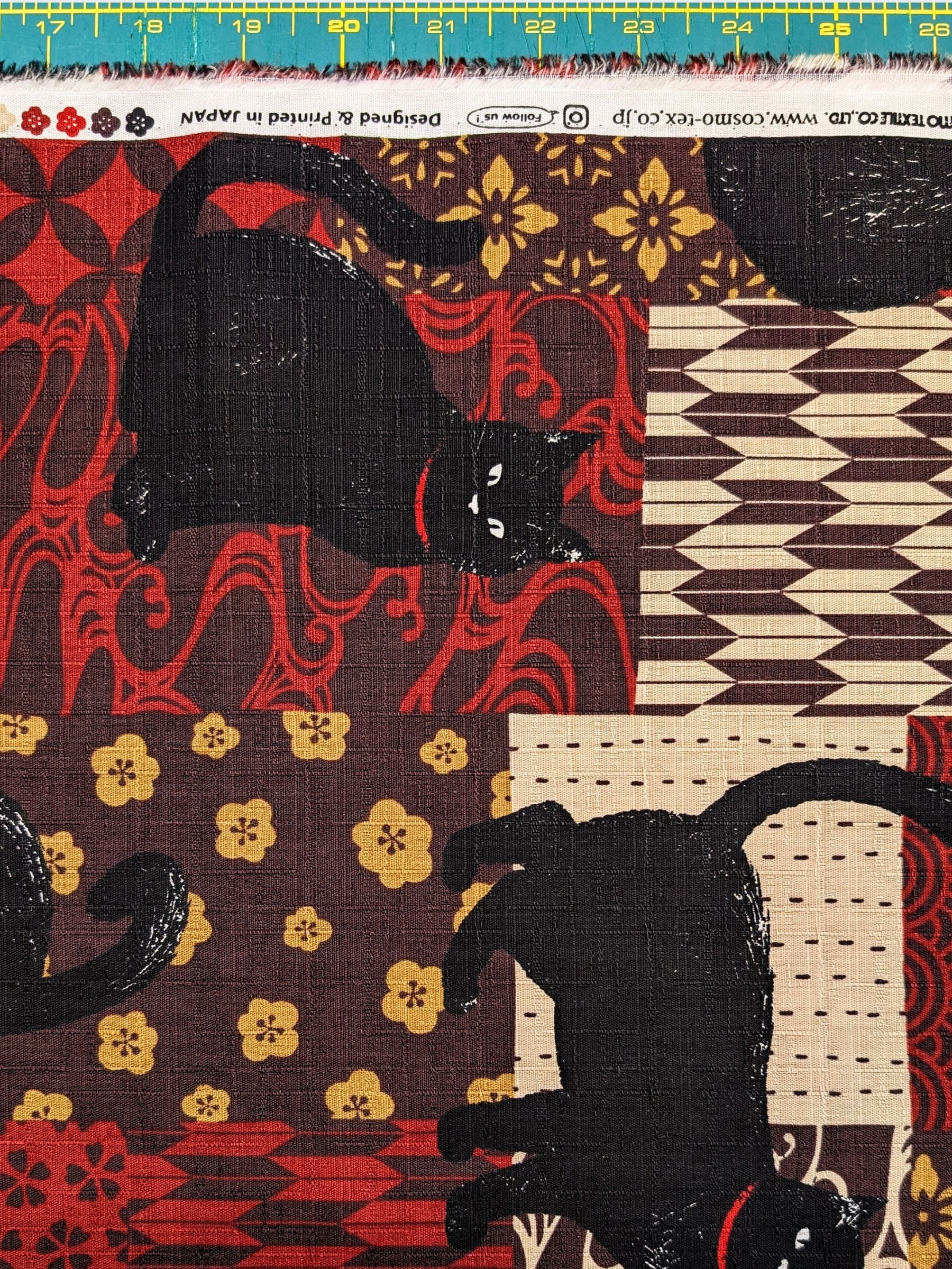 Cosmo - Boro Black Cats Cotton Dobby Fabric - Red