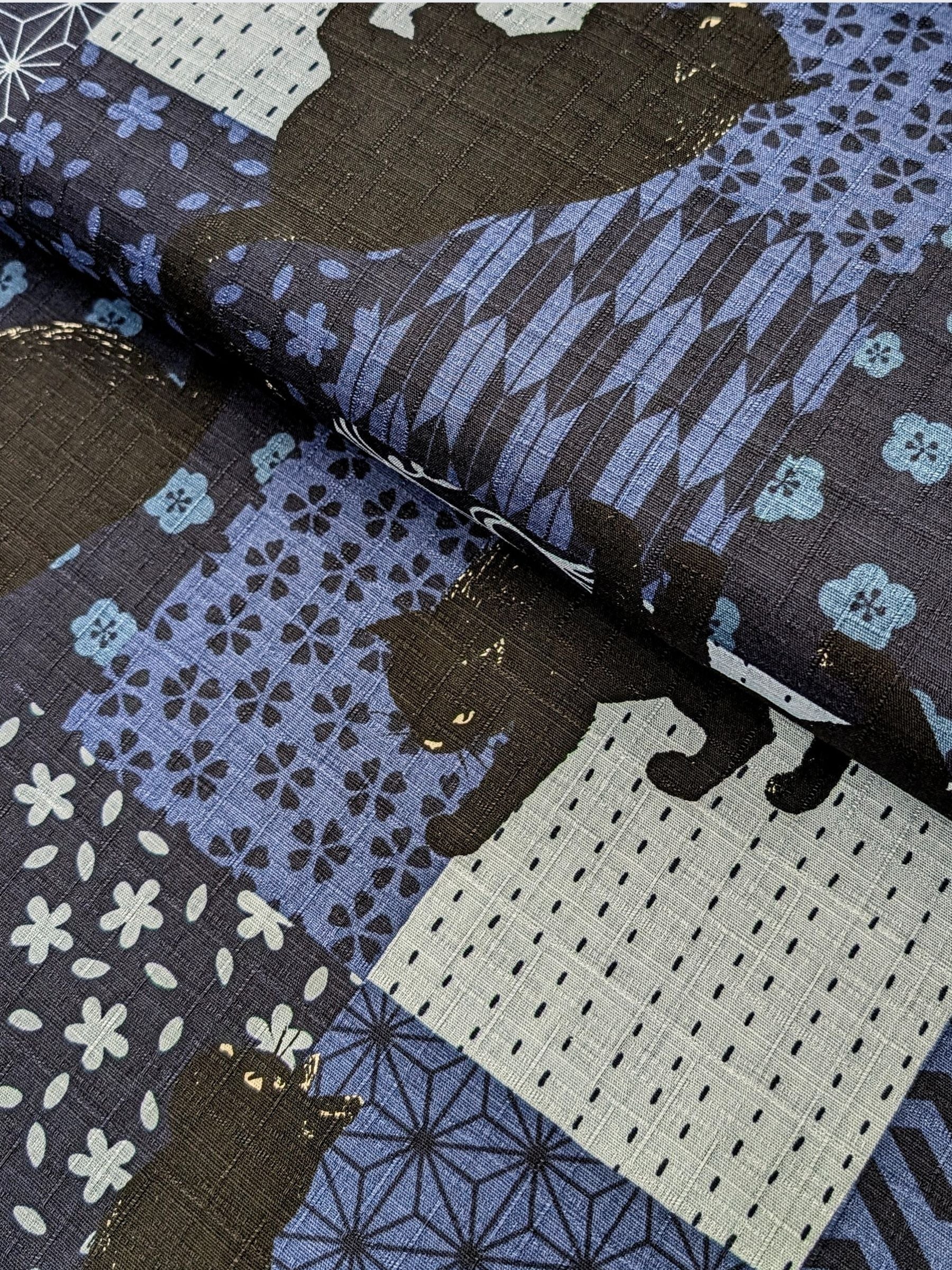 Cosmo - Boro Black Cats Cotton Dobby Fabric - Blue