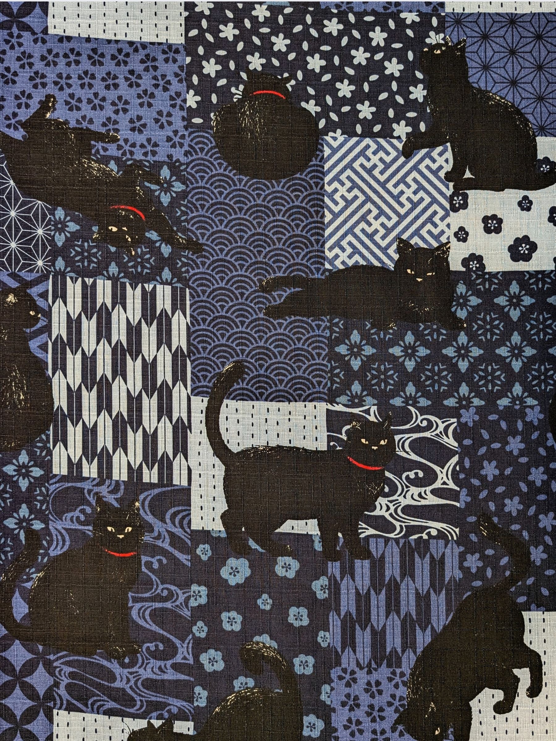 Cosmo - Boro Black Cats Cotton Dobby Fabric - Blue
