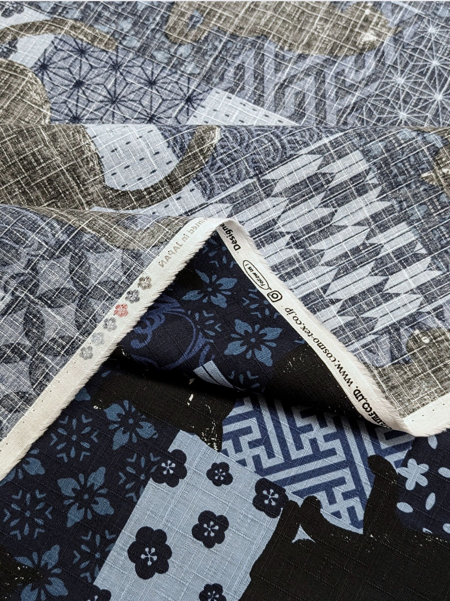 Cosmo - Boro Black Cats Cotton Dobby Fabric - Blue