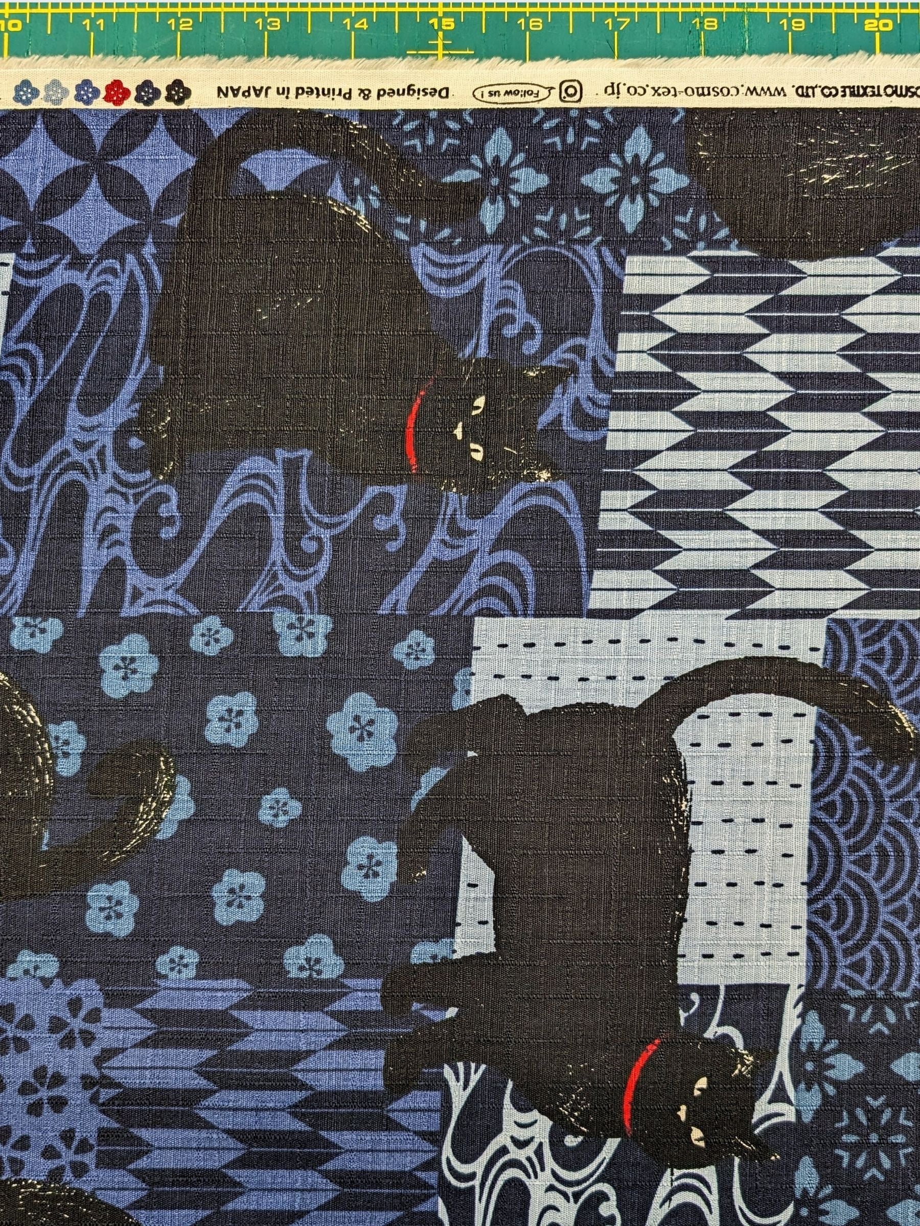 Cosmo - Boro Black Cats Cotton Dobby Fabric - Blue