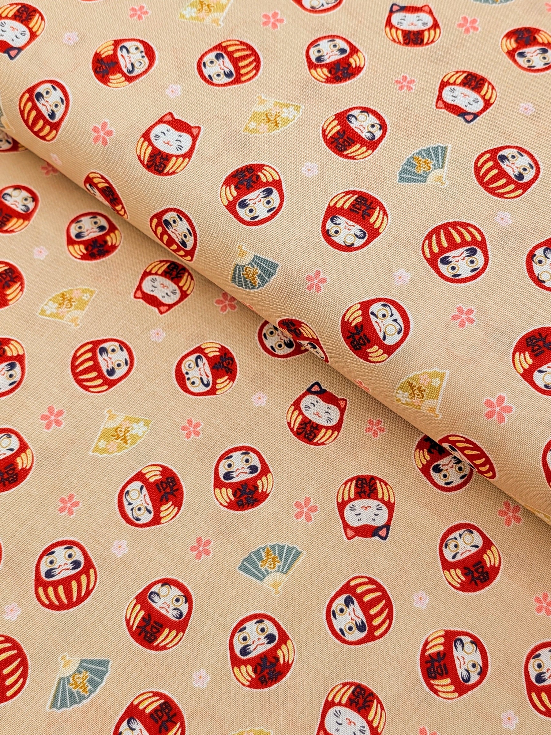 Cosmo - Sakura and Daruma Cotton Sheeting Fabric - Beige