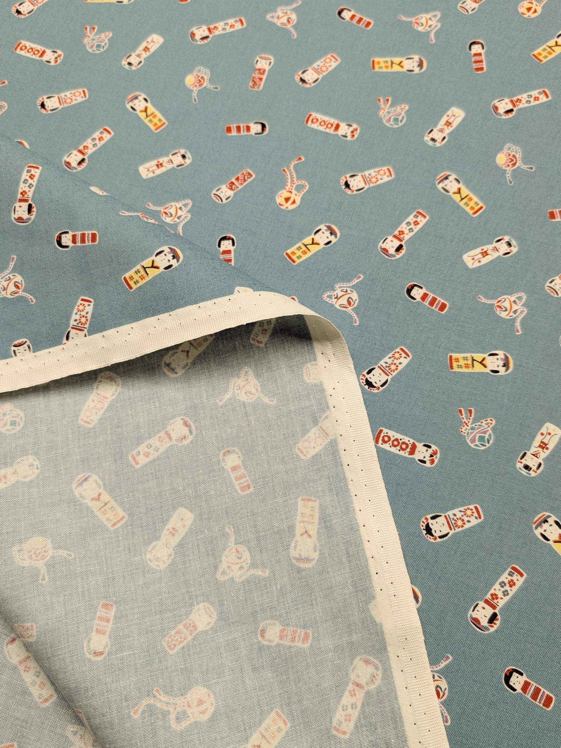 Cosmo - Kokeshi Doll Cotton Sheeting Fabric - Teal