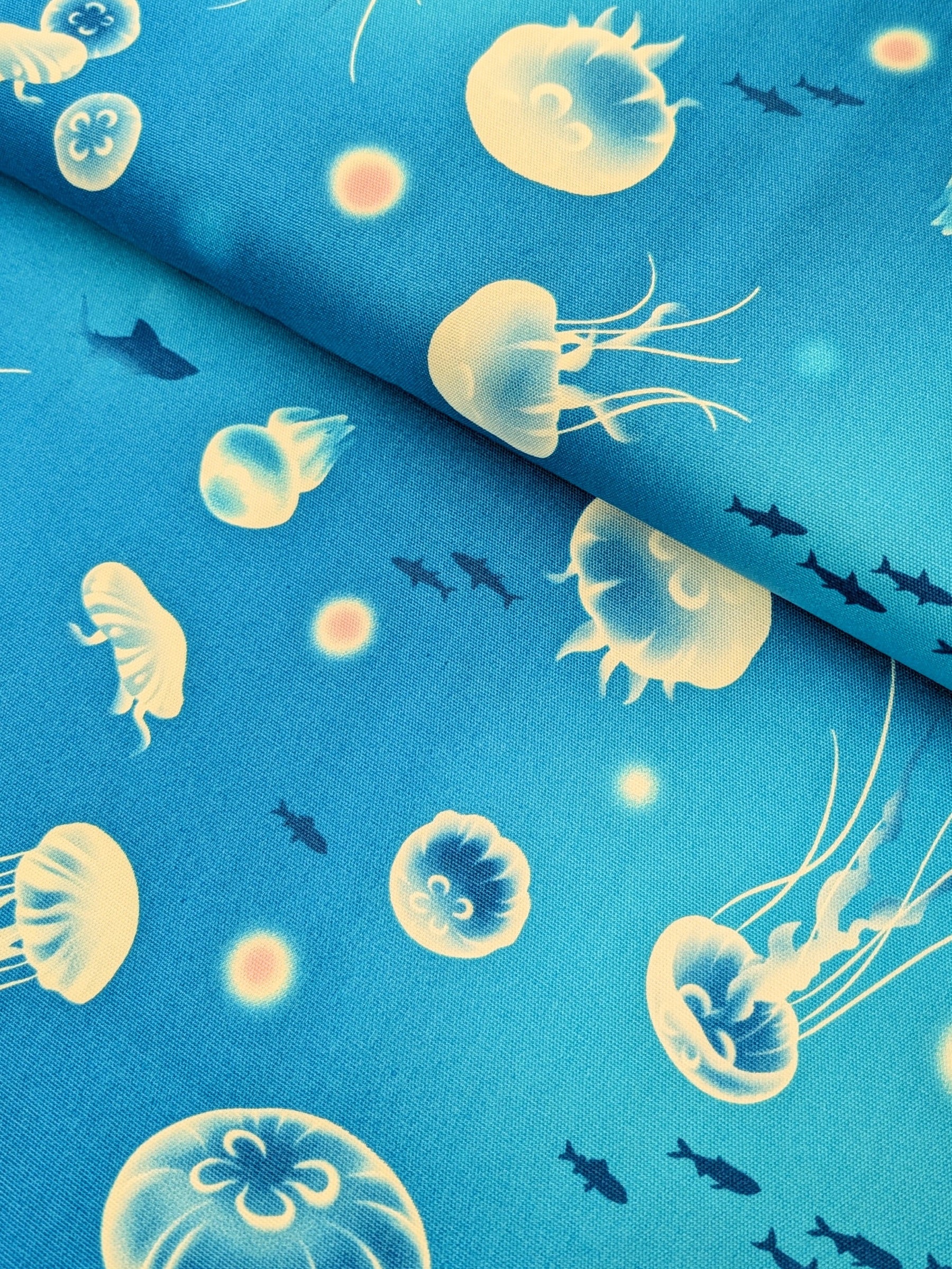 Cosmo - Flowing Jellyfish Cotton Oxford Fabric - Medium Blue