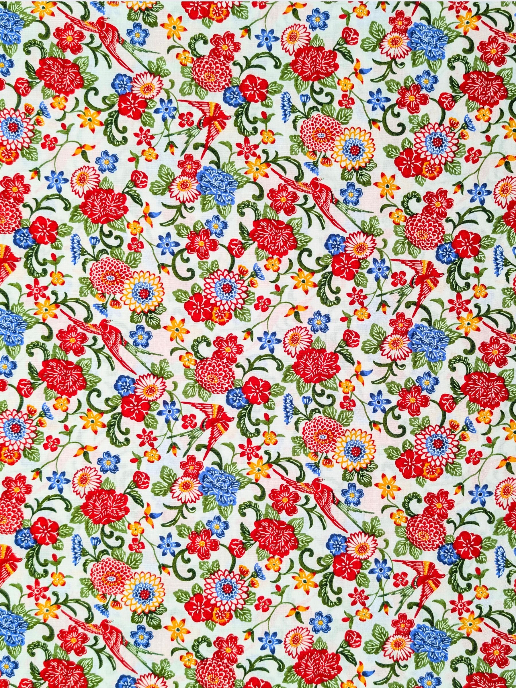 Cosmo - Parrots & Tropical Flowers Cotton Broadcloth Fabric - White