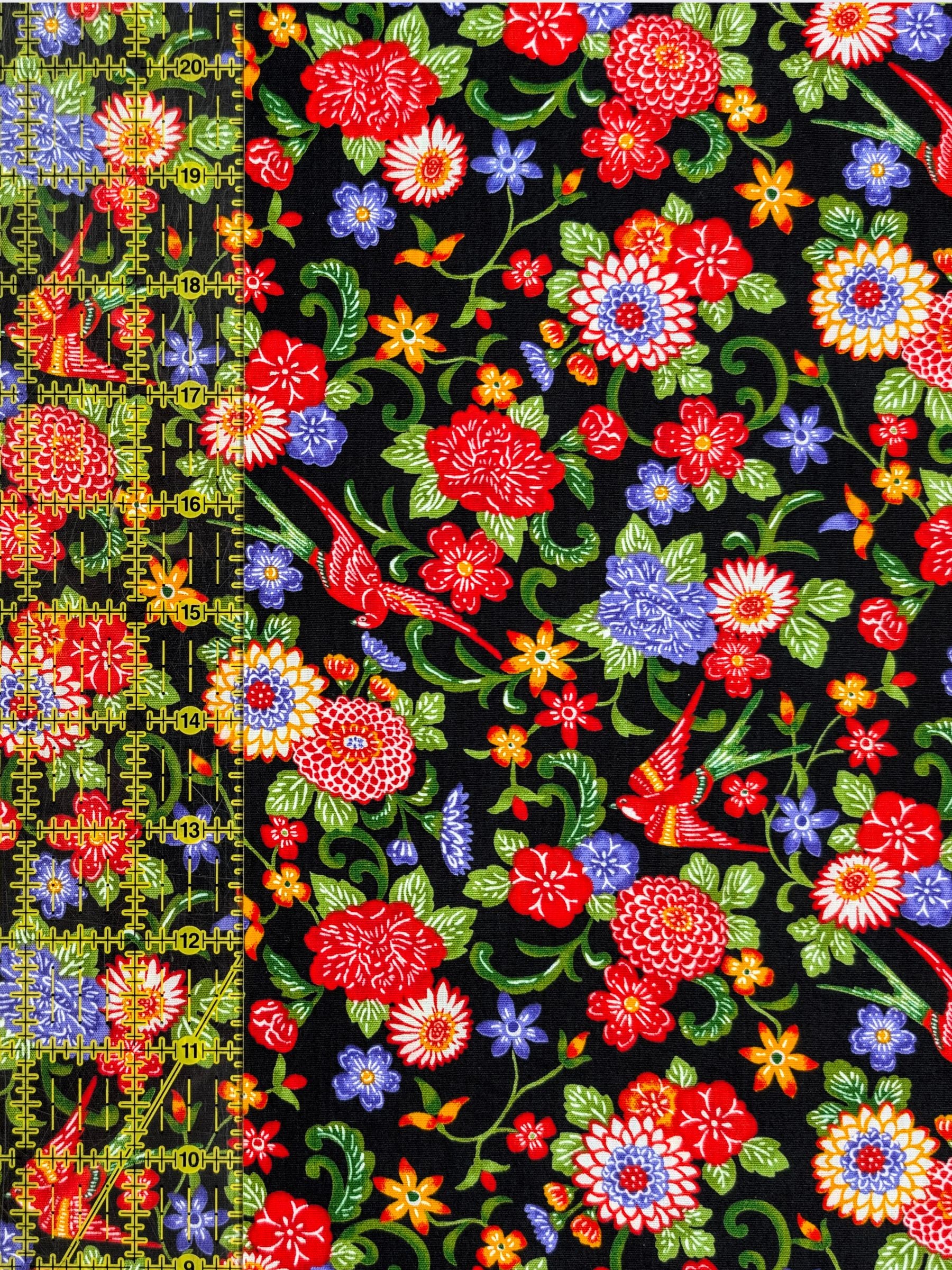 Cosmo - Parrots & Tropical Flowers Cotton Broadcloth Fabric - Black