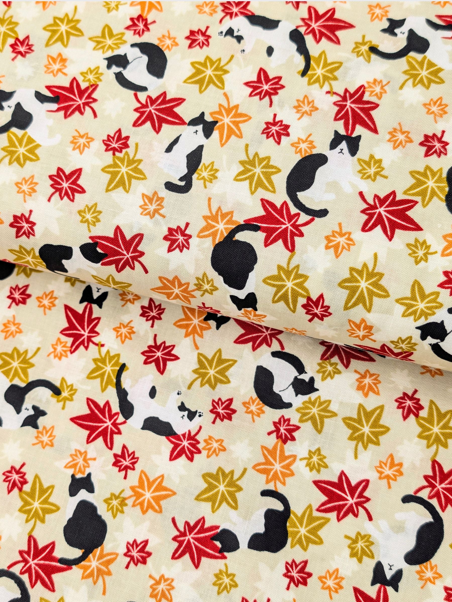 Cosmo - Maple Leaves & Cats Cotton Sheeting Fabric - Beige