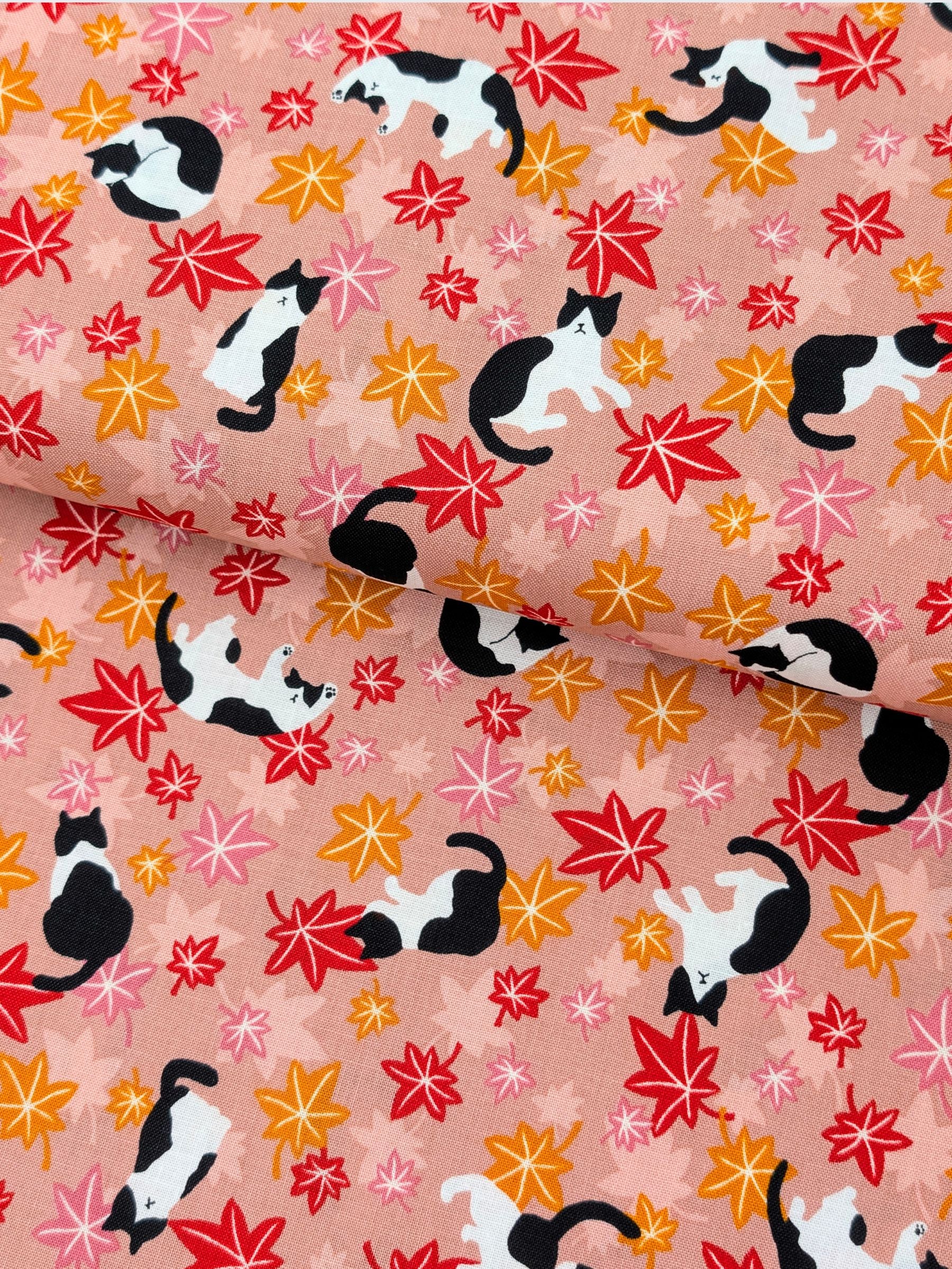 Cosmo - Maple Leaves & Cats Cotton Sheeting Fabric - Pink