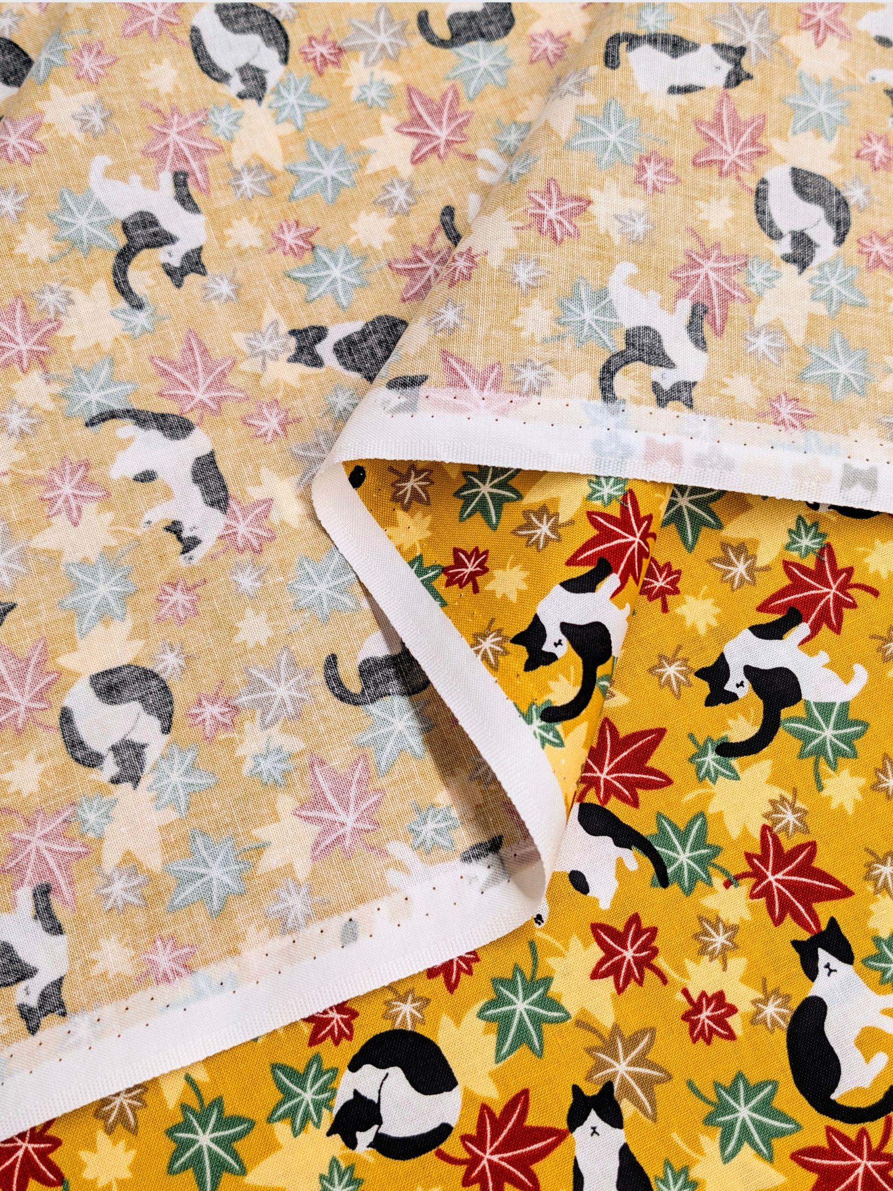 Cosmo - Maple Leaves & Cats Cotton Sheeting Fabric - Mustard Yellow