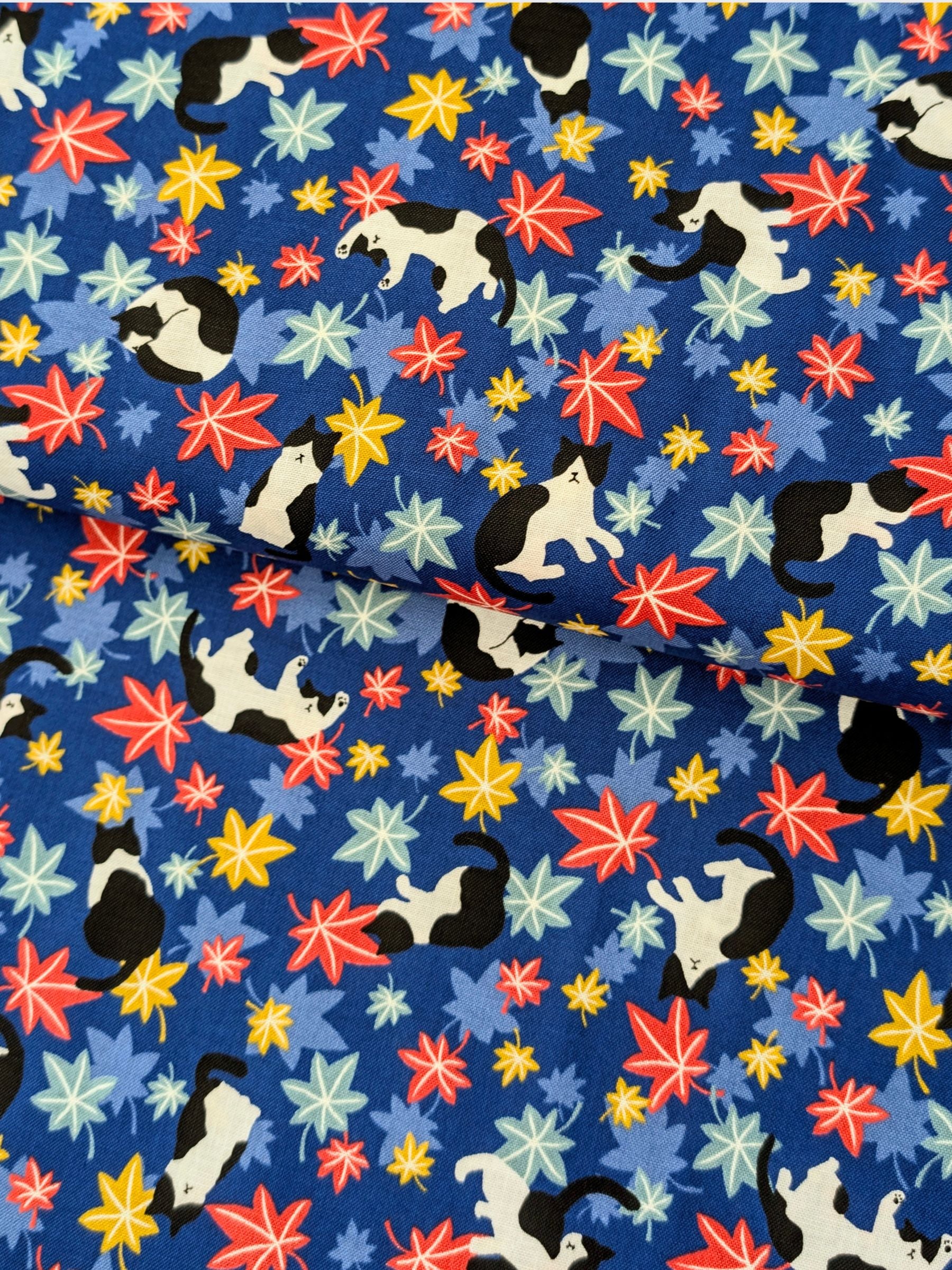 Cosmo - Maple Leaves & Cats Cotton Sheeting Fabric - Blue