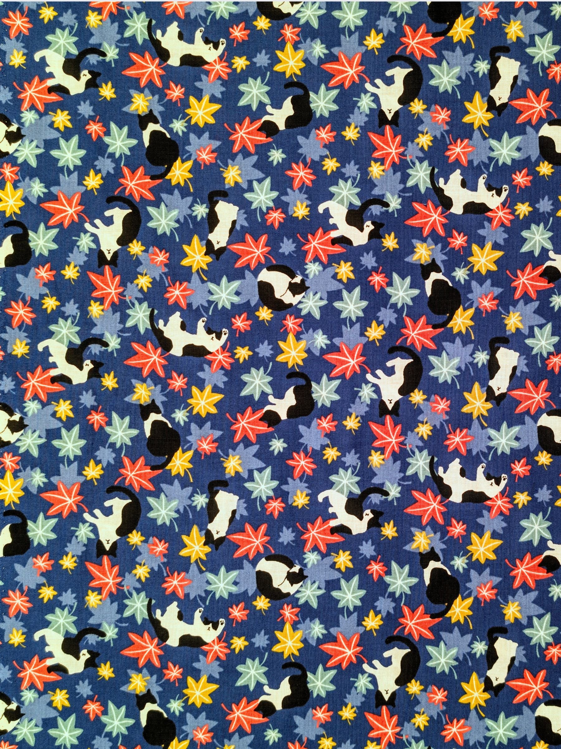 Cosmo - Maple Leaves & Cats Cotton Sheeting Fabric - Blue