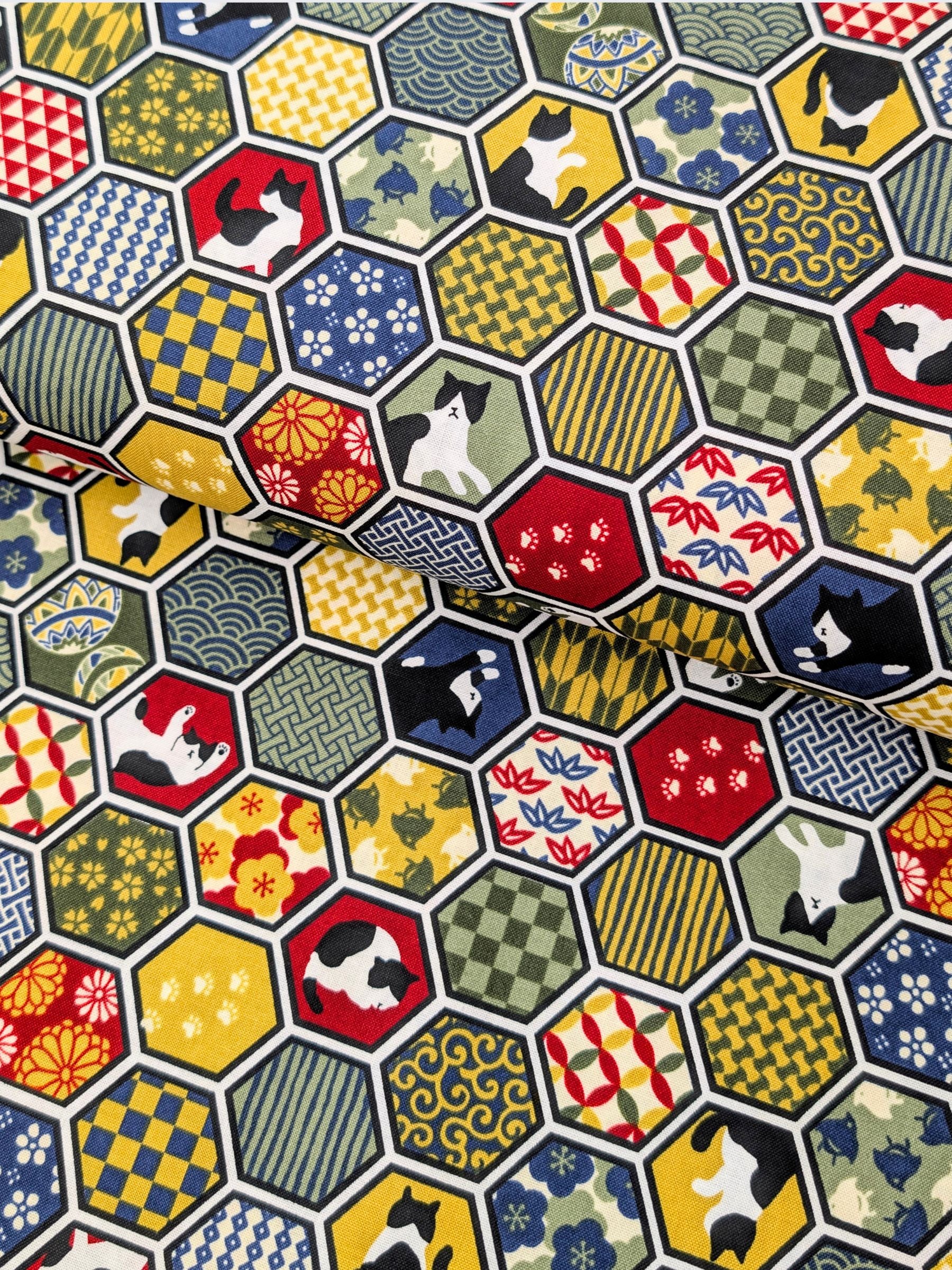 Cosmo - Hexigon Boro Cats Cotton Sheeting Fabric - Green