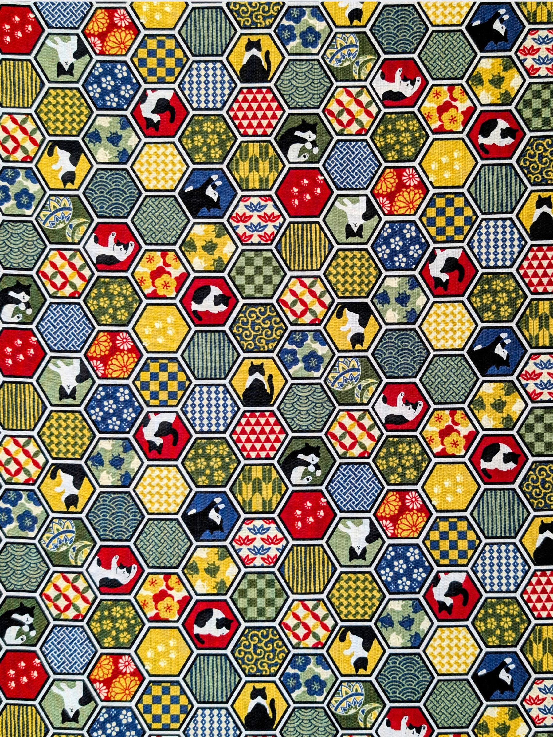 Cosmo - Hexigon Boro Cats Cotton Sheeting Fabric - Green