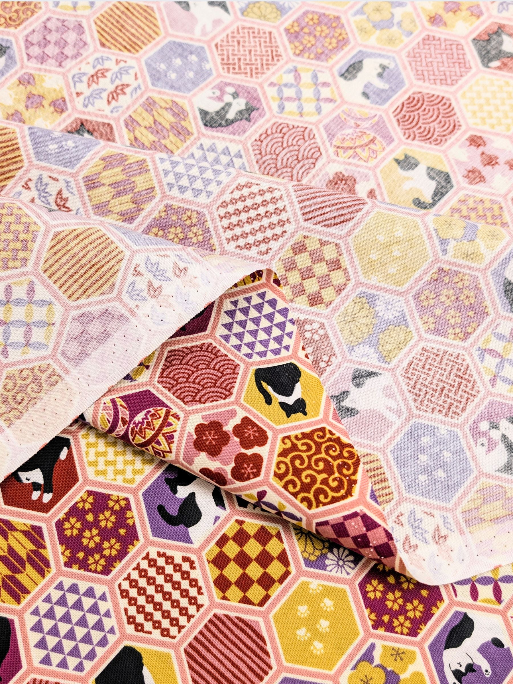 Cosmo - Hexigon Boro Cats Cotton Sheeting Fabric - Pink