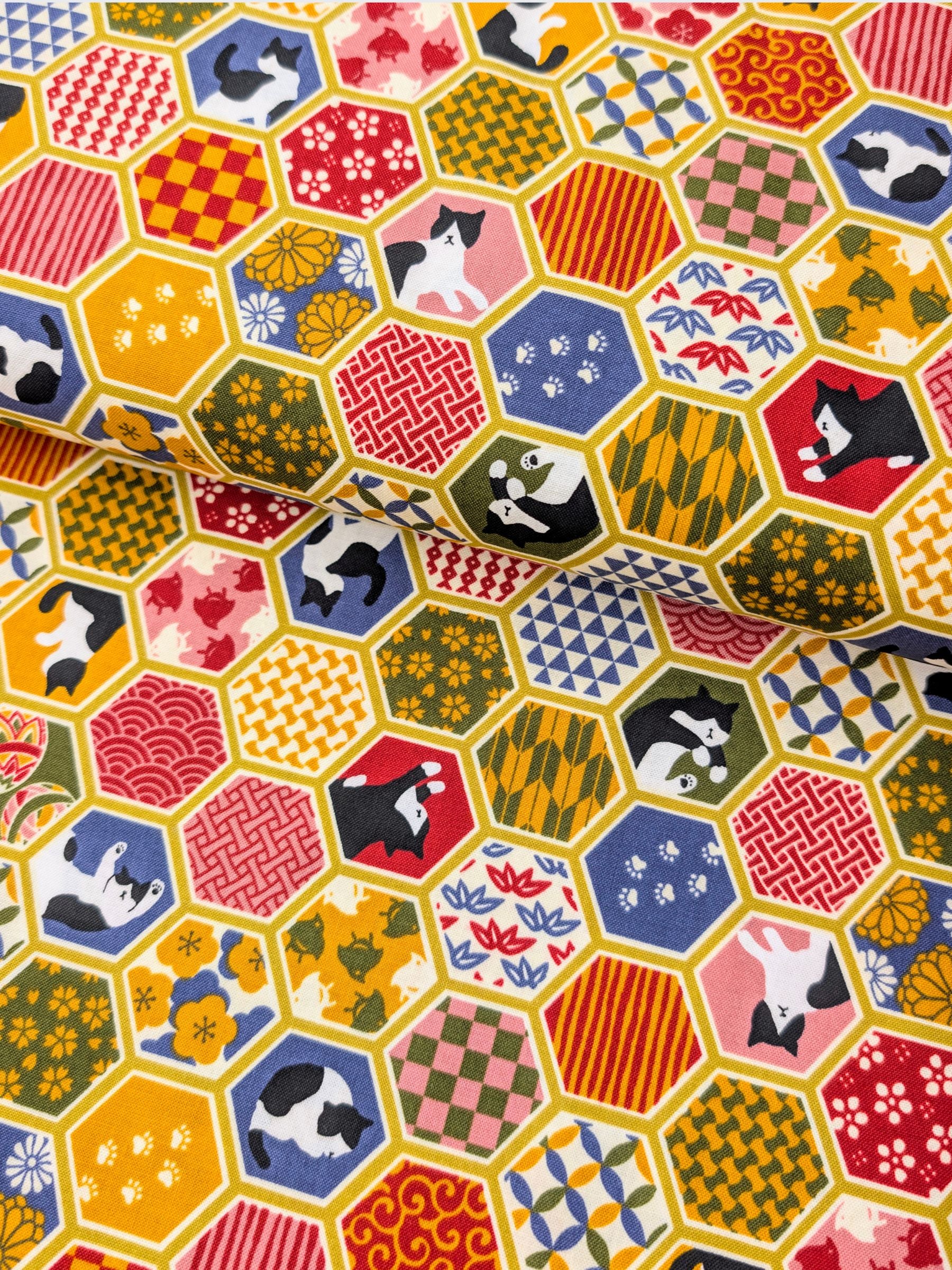 Cosmo - Hexigon Boro Cats Cotton Sheeting Fabric - Orange