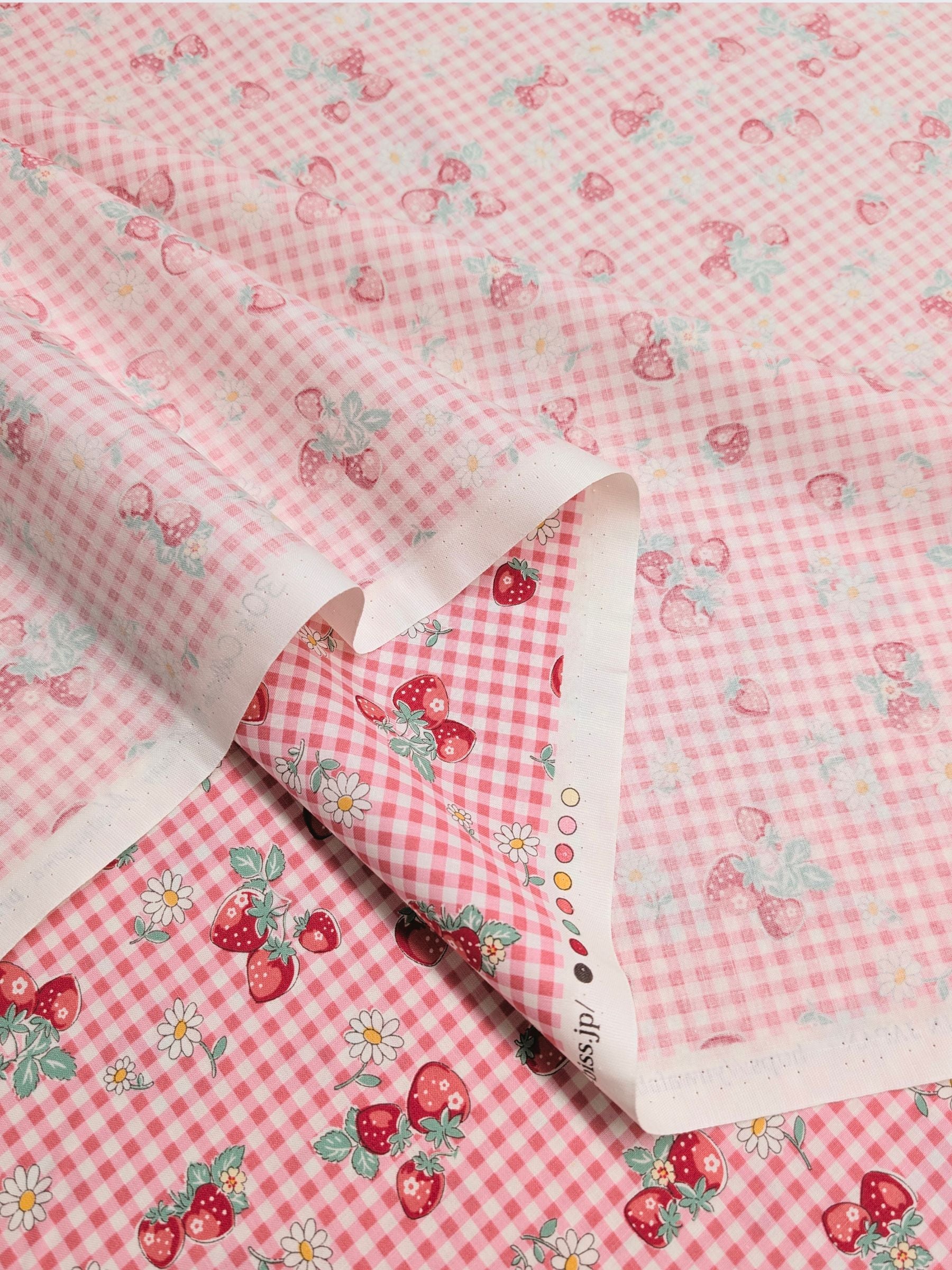 Yuwa - Strawberry Picnic Cotton Sheeting Fabric - Pink REMNANT