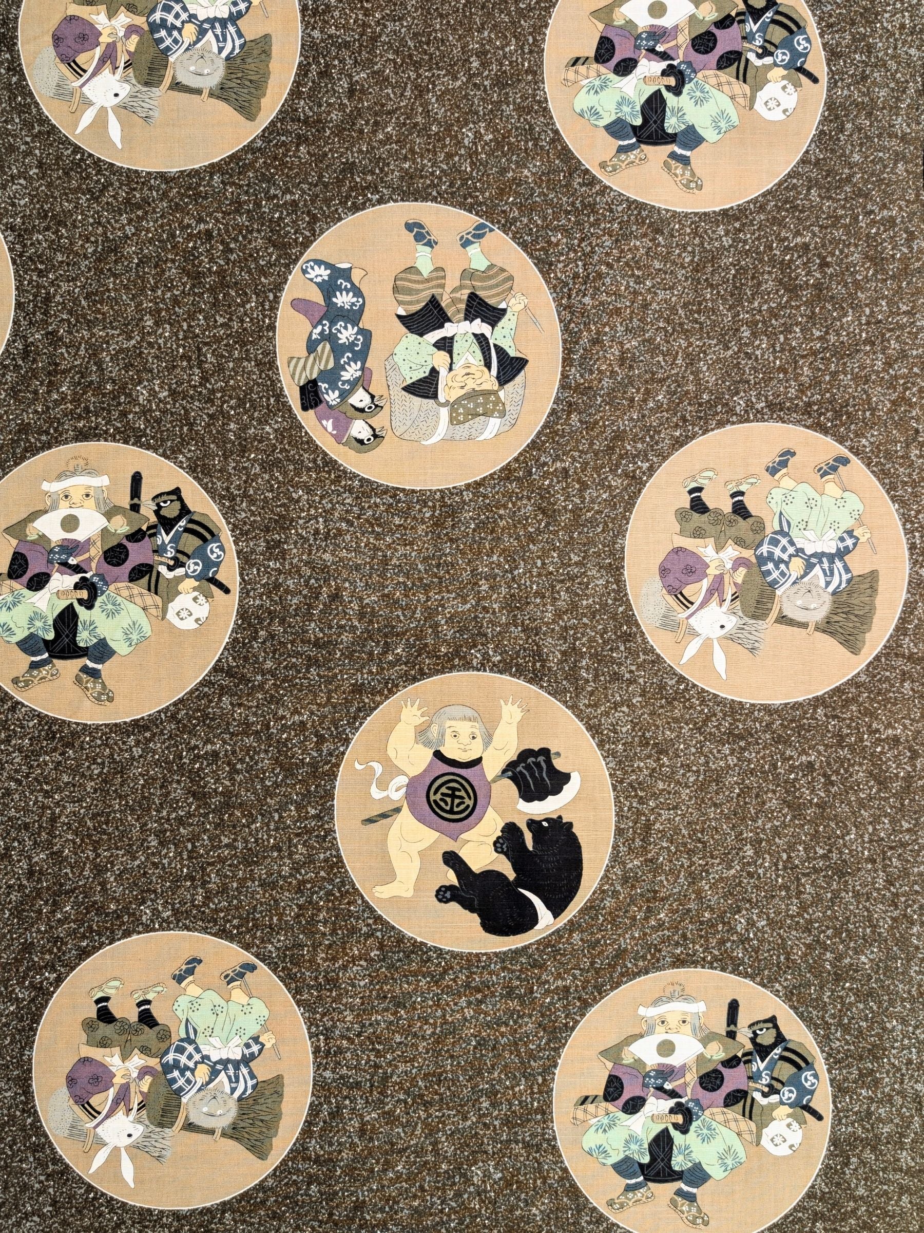 Craft-P - Edo Period Characters Cotton Rustic Weave Fabric - Green & Brown