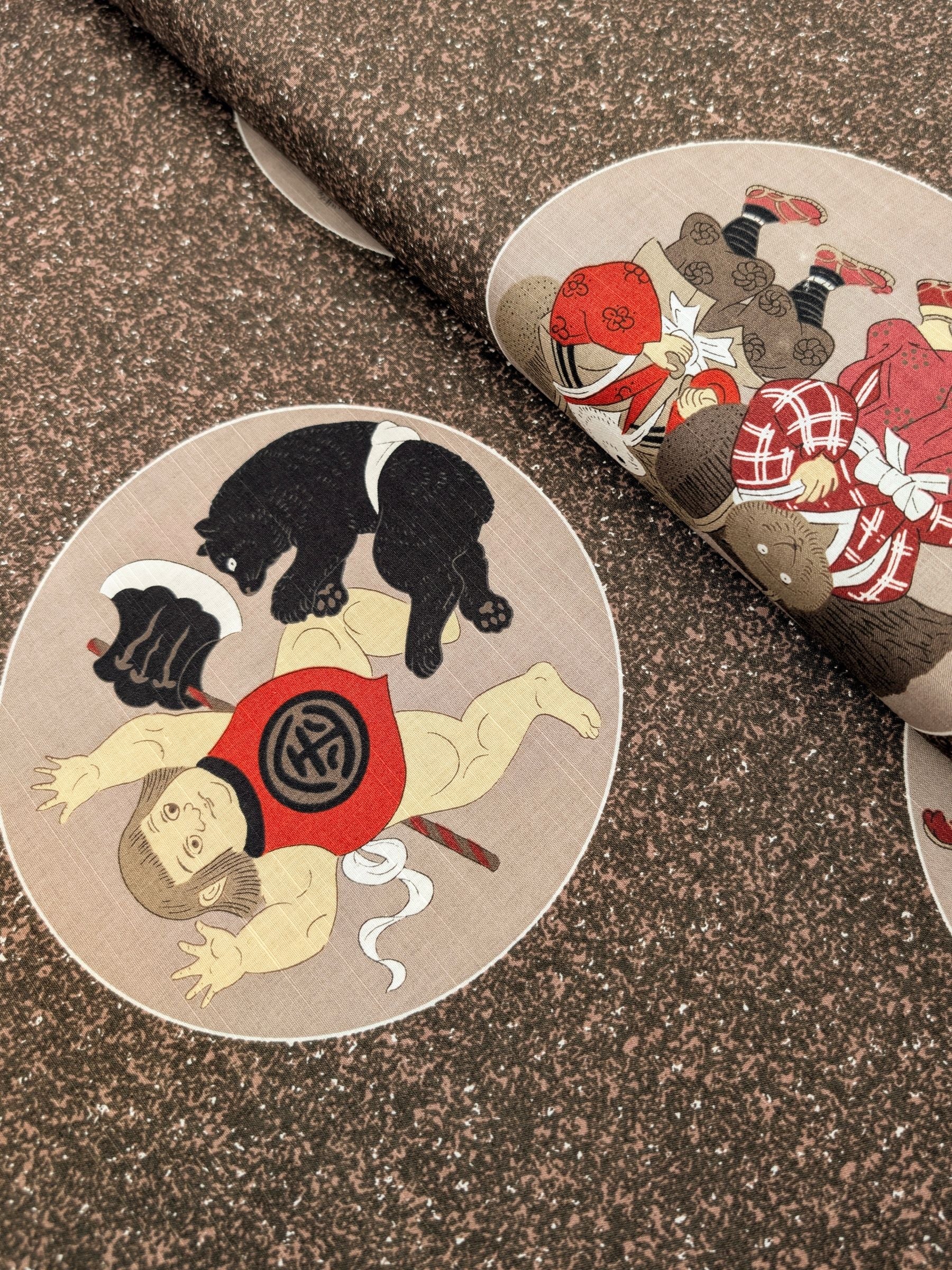 Craft-P - Edo Period Characters Cotton Rustic Weave Fabric - Red & Brown