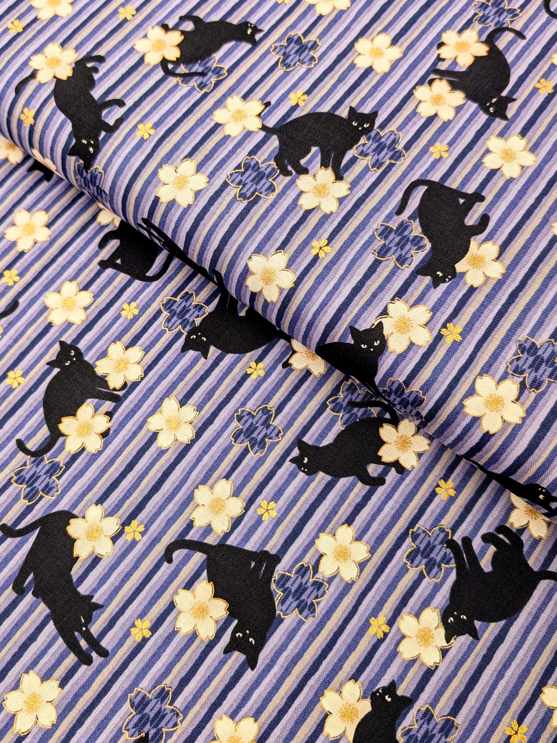 QuiltGate - Golden Cat Stripes and Cherry Blossoms Cotton Fabric - Purple