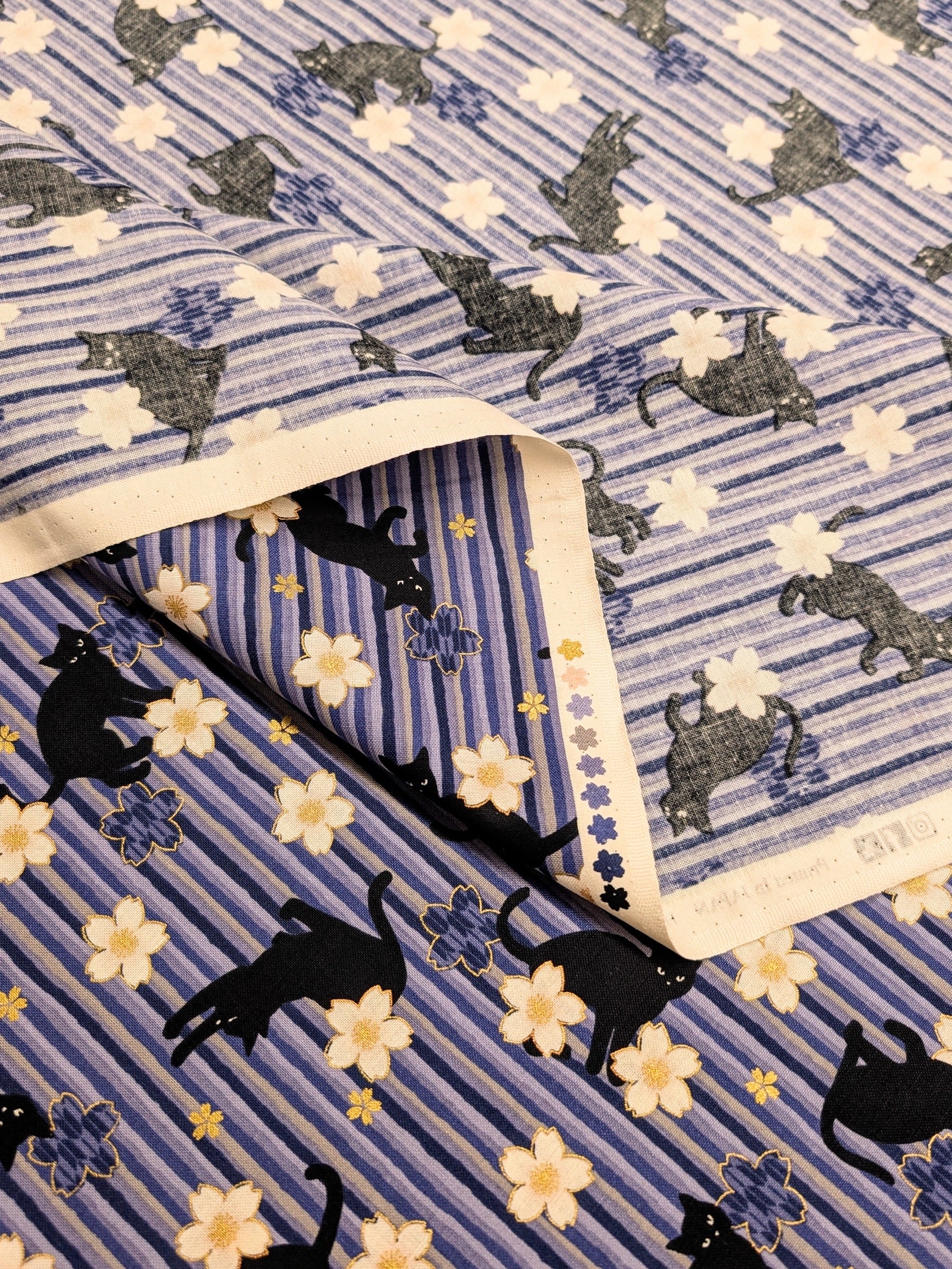 QuiltGate - Golden Cat Stripes and Cherry Blossoms Cotton Fabric - Purple