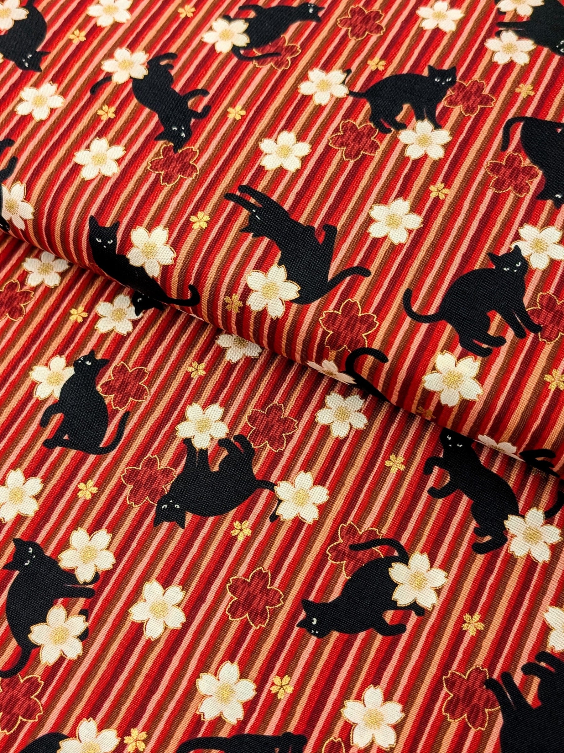 QuiltGate - Golden Cat Stripes and Cherry Blossoms Cotton Fabric - Red