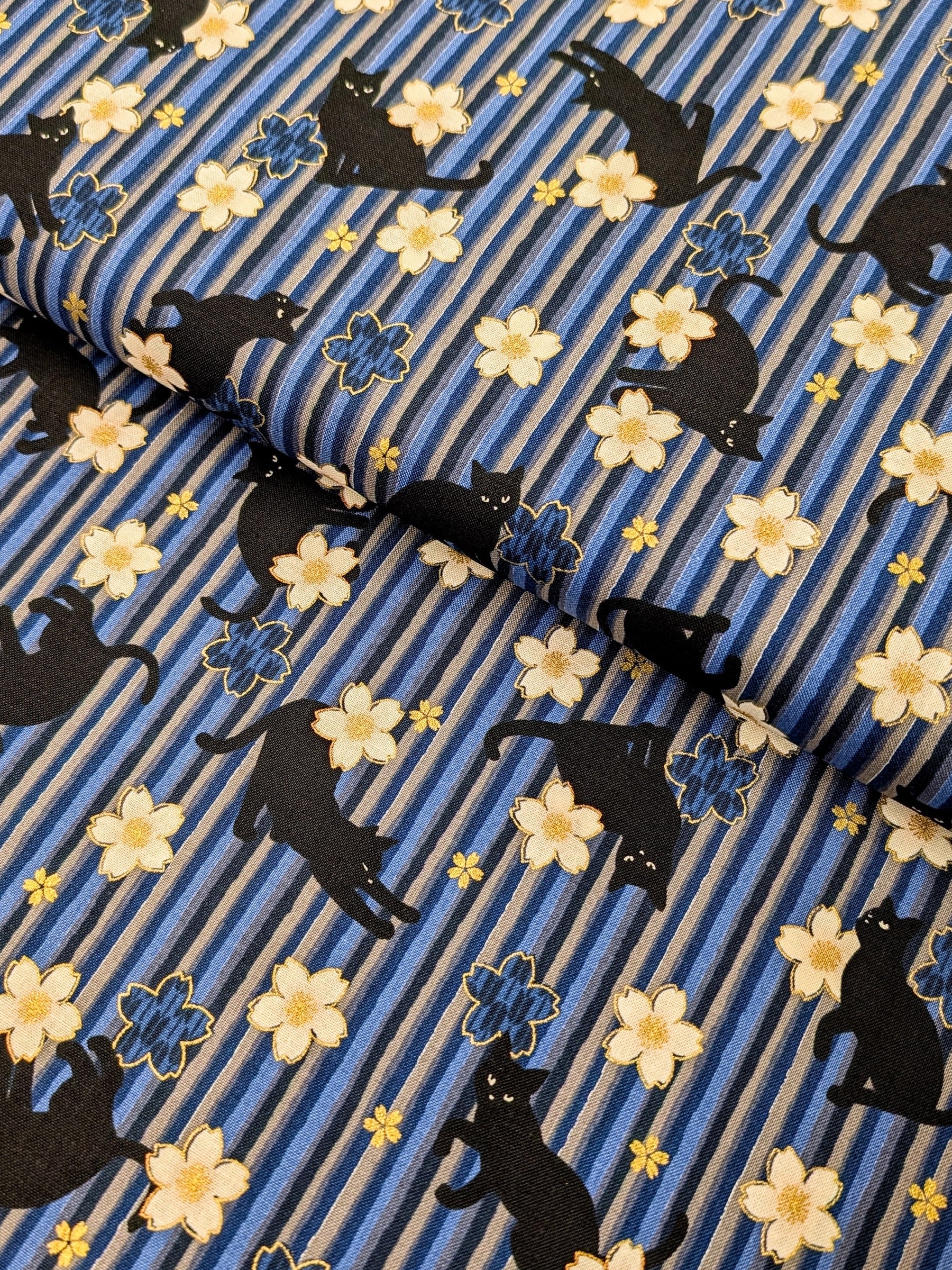 QuiltGate - Golden Cat Stripes and Cherry Blossoms Cotton Fabric - Blue