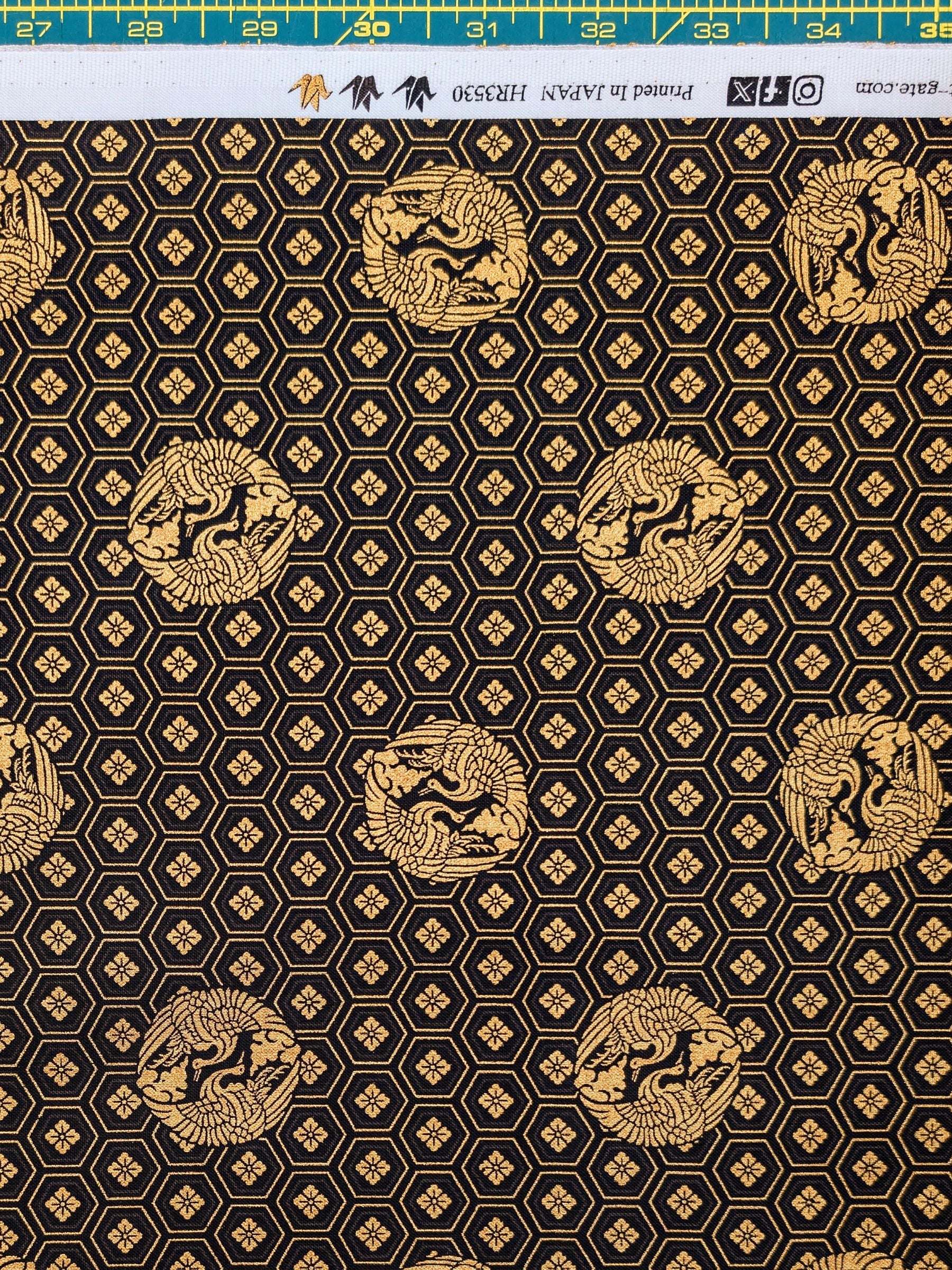 QuiltGate - Golden Cranes and Kikko Cotton Fabric - Black