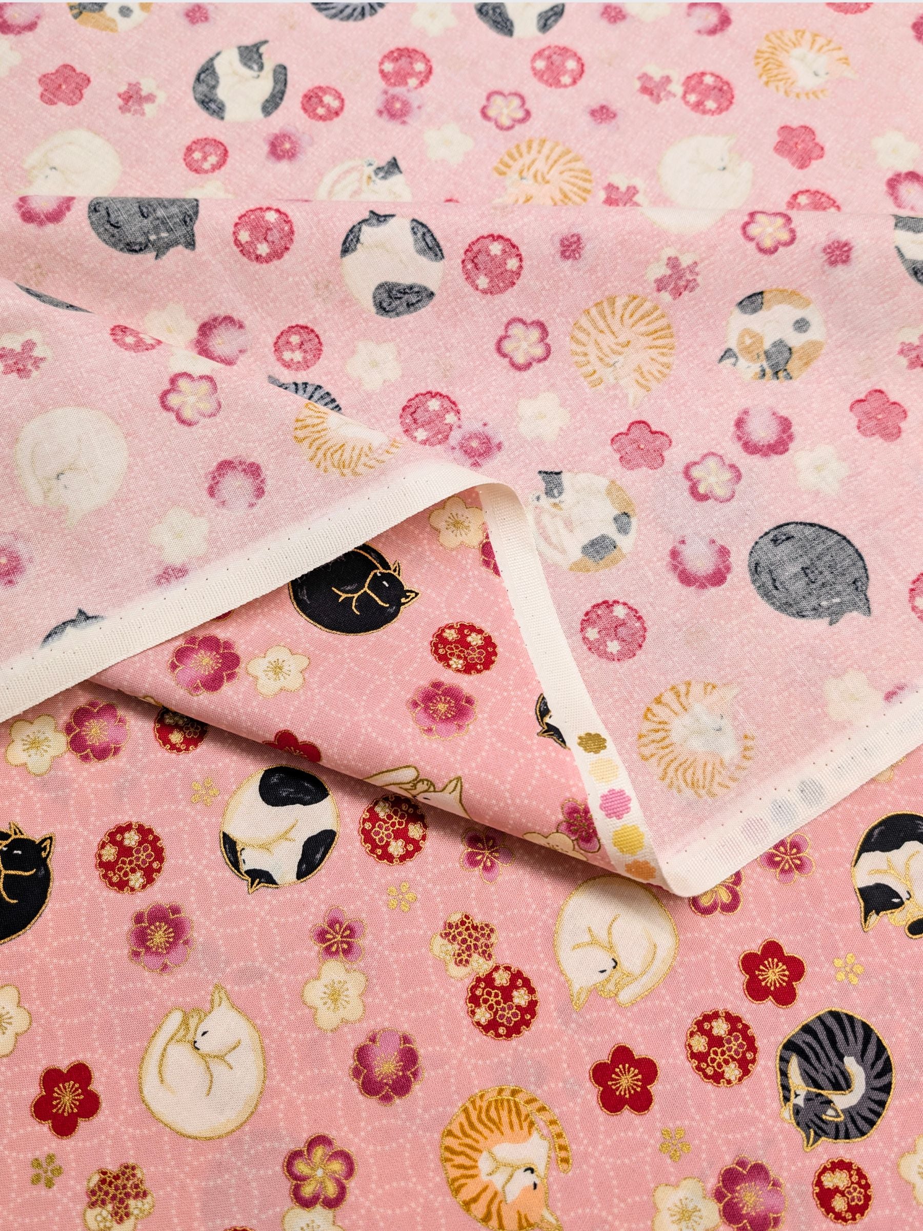 Quilt Gate - Napping Cats & Blossoms Cotton Sheeting Fabric - Pink
