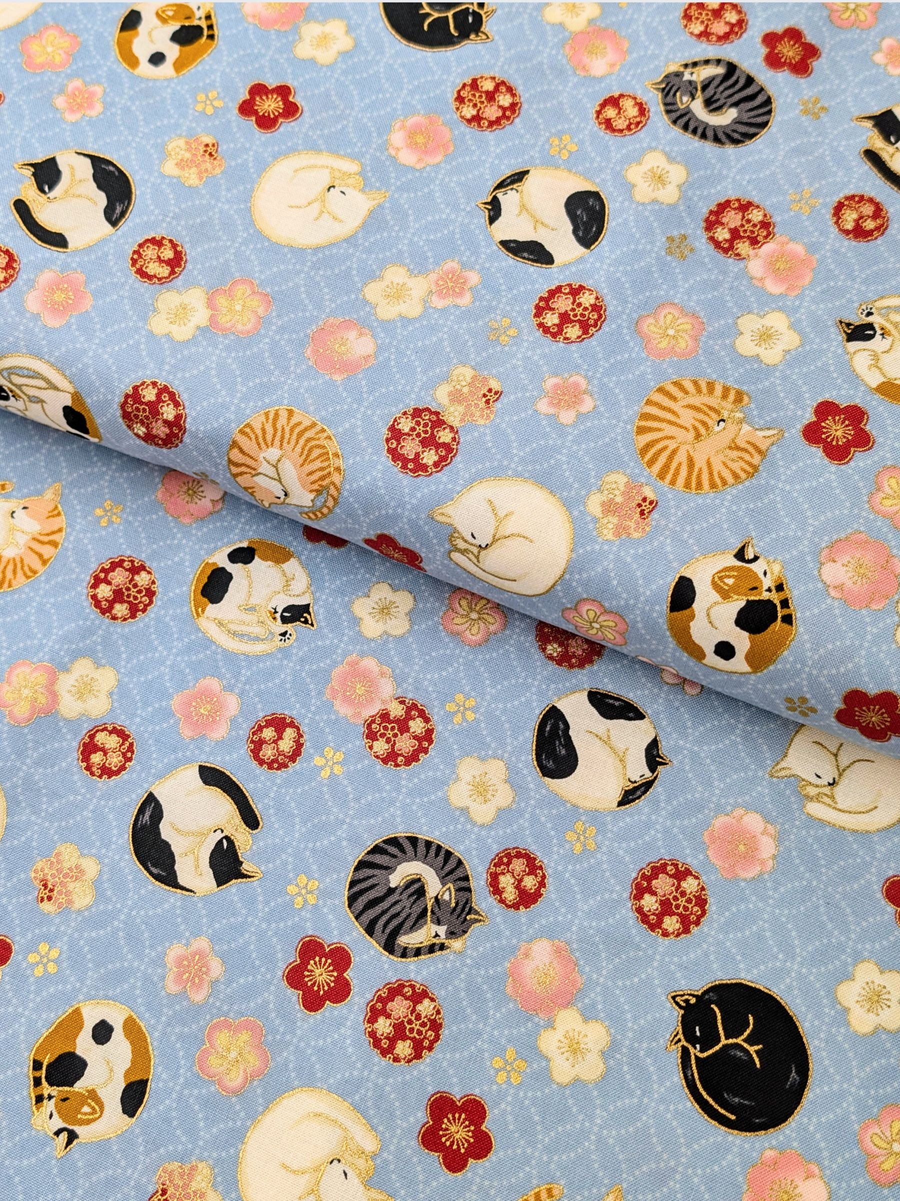 Quilt Gate - Napping Cats & Blossoms Cotton Sheeting Fabric - Light Blue