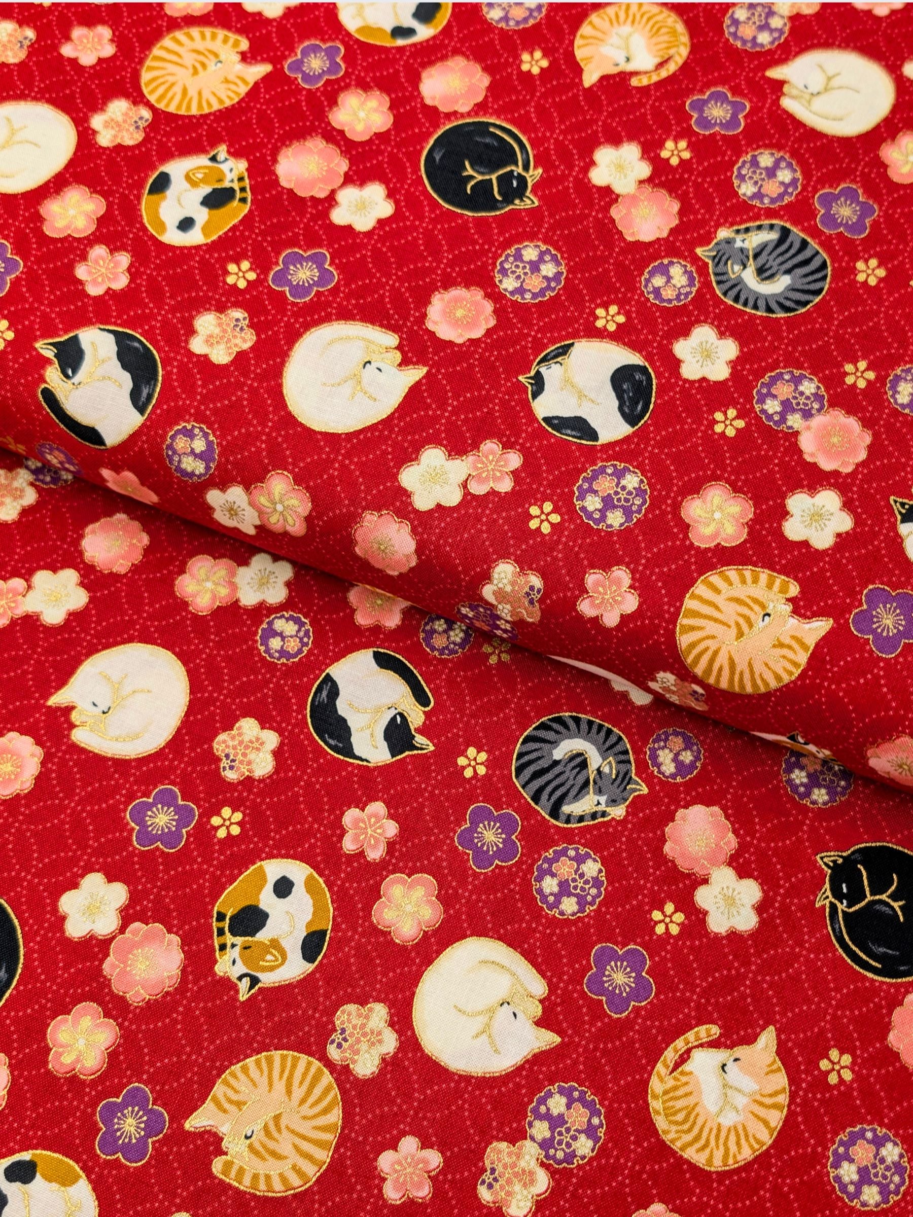 Quilt Gate - Napping Cats & Blossoms Cotton Sheeting Fabric - Red