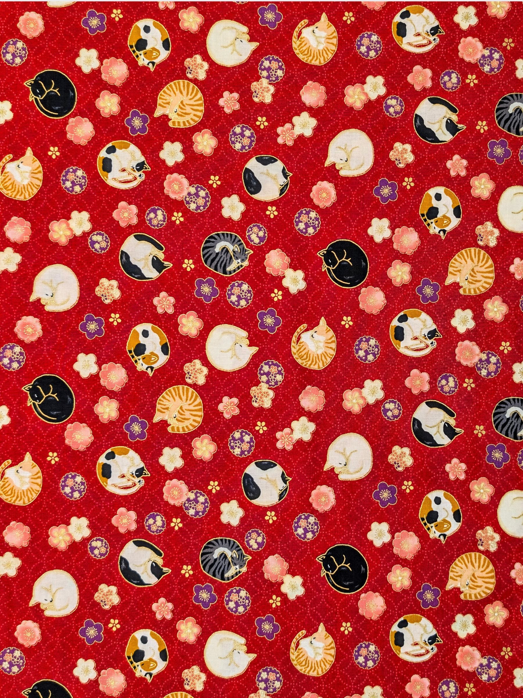 Quilt Gate - Napping Cats & Blossoms Cotton Sheeting Fabric - Red