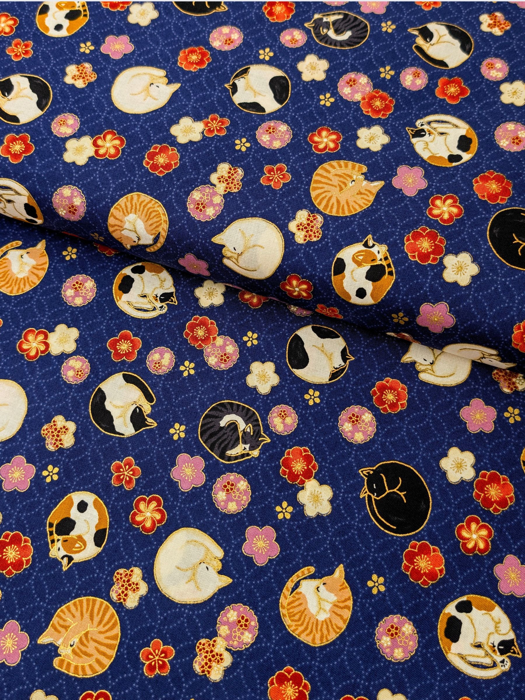 Quilt Gate - Napping Cats & Blossoms Cotton Sheeting Fabric - Navy Blue
