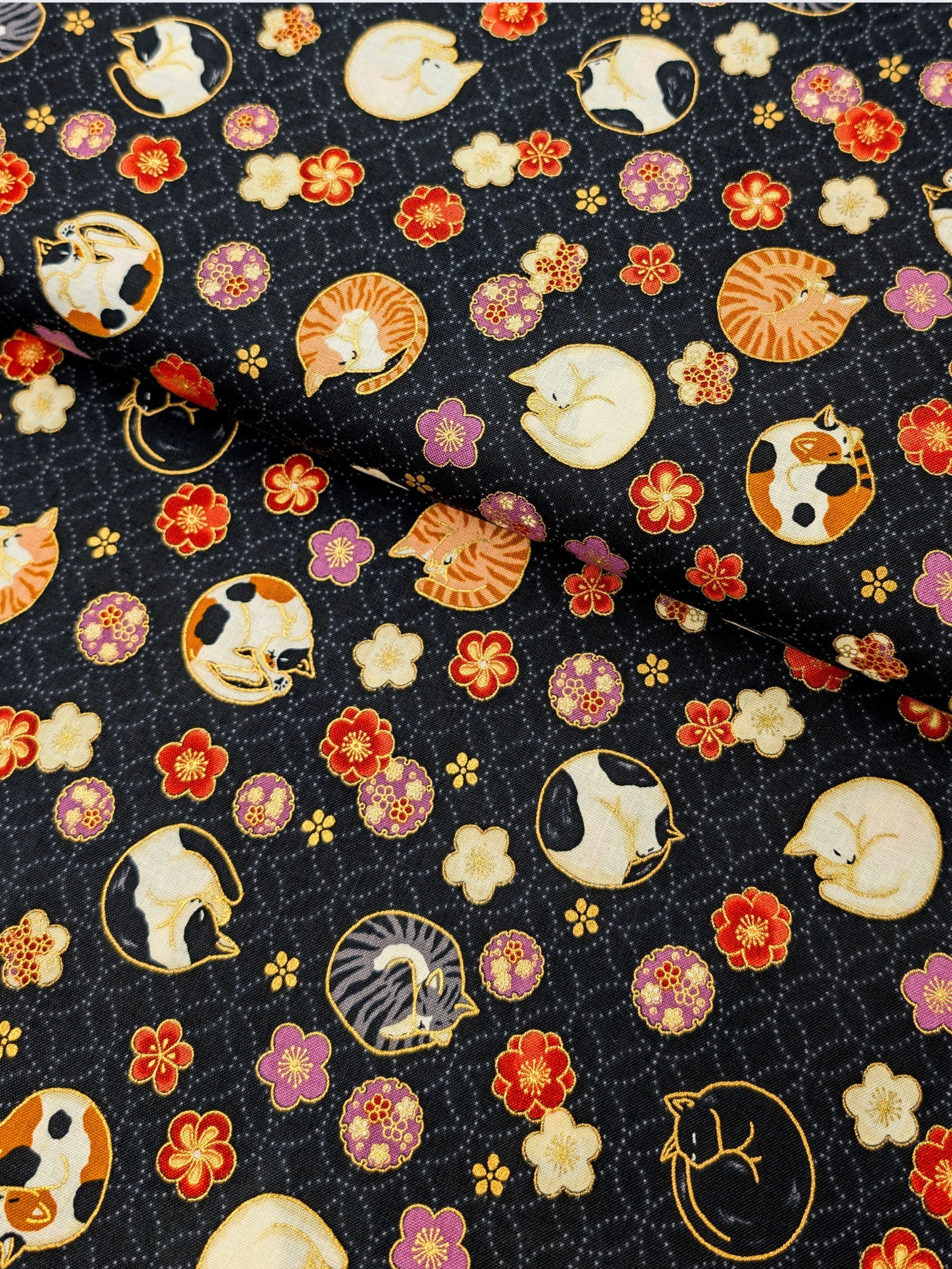 Quilt Gate - Napping Cats & Blossoms Cotton Sheeting Fabric - Black