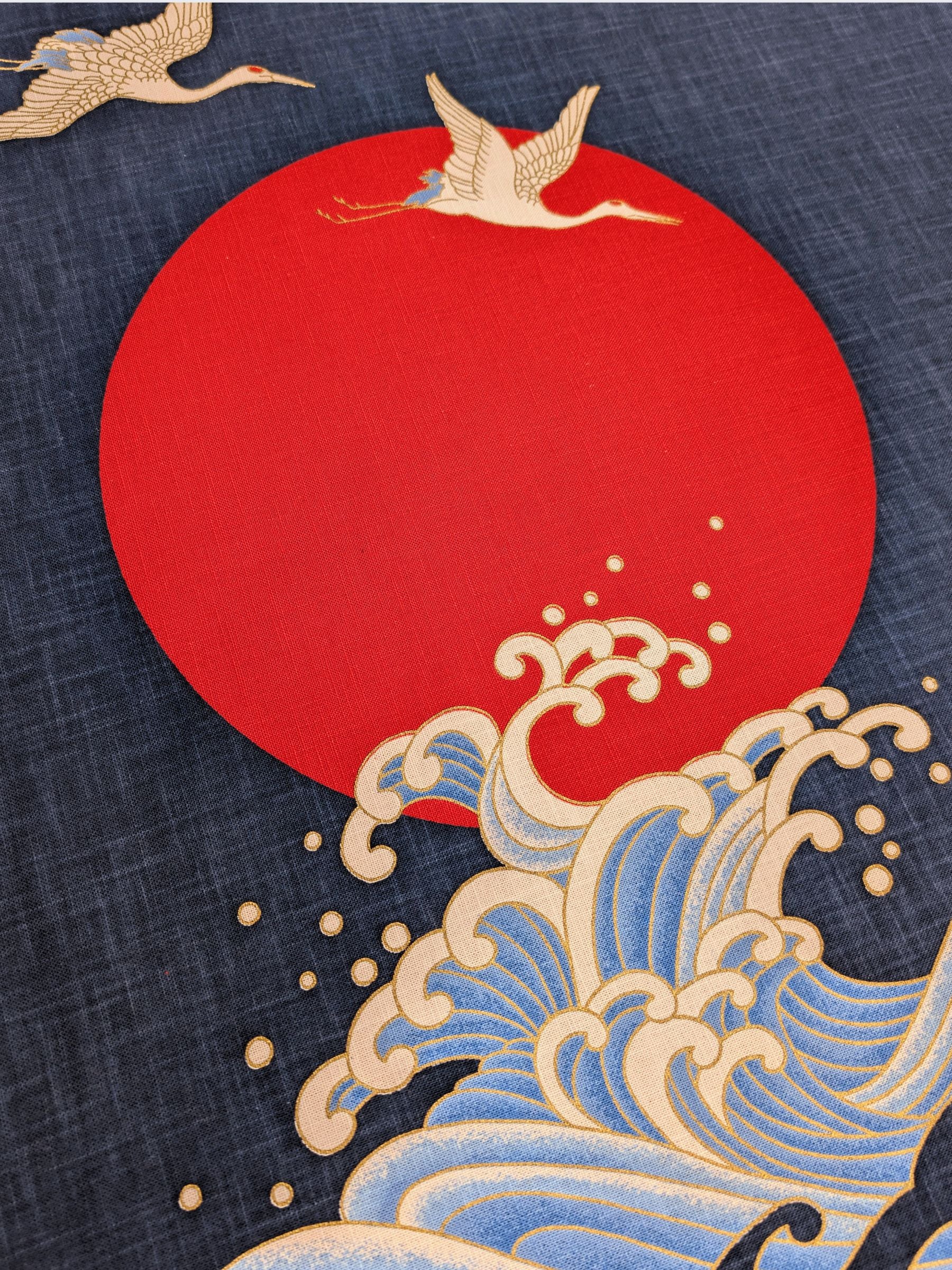 Kurenai - Cranes and Sun Over Waves Noren Panel - Blue