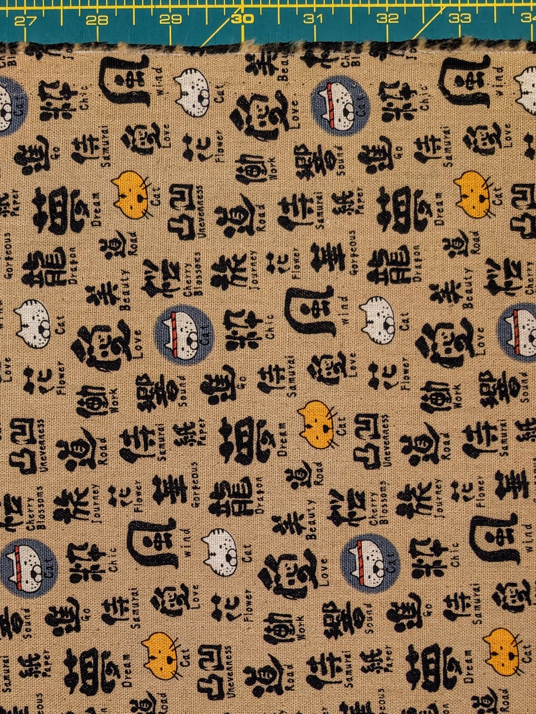 Kobayashi - Kanji Cats Cotton/Linen Light Canvas Fabric - Tan