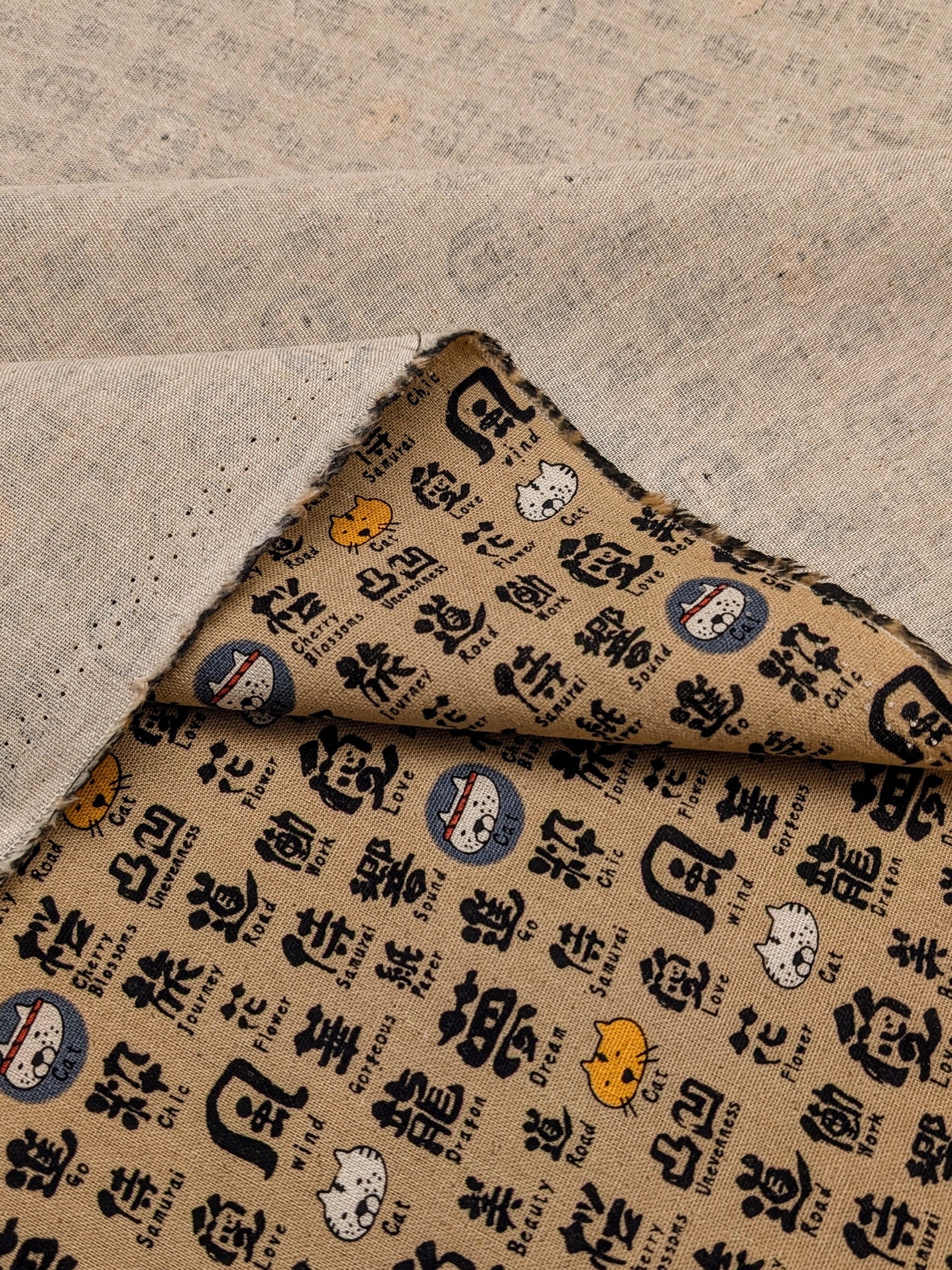 Kobayashi - Kanji Cats Cotton/Linen Light Canvas Fabric - Tan