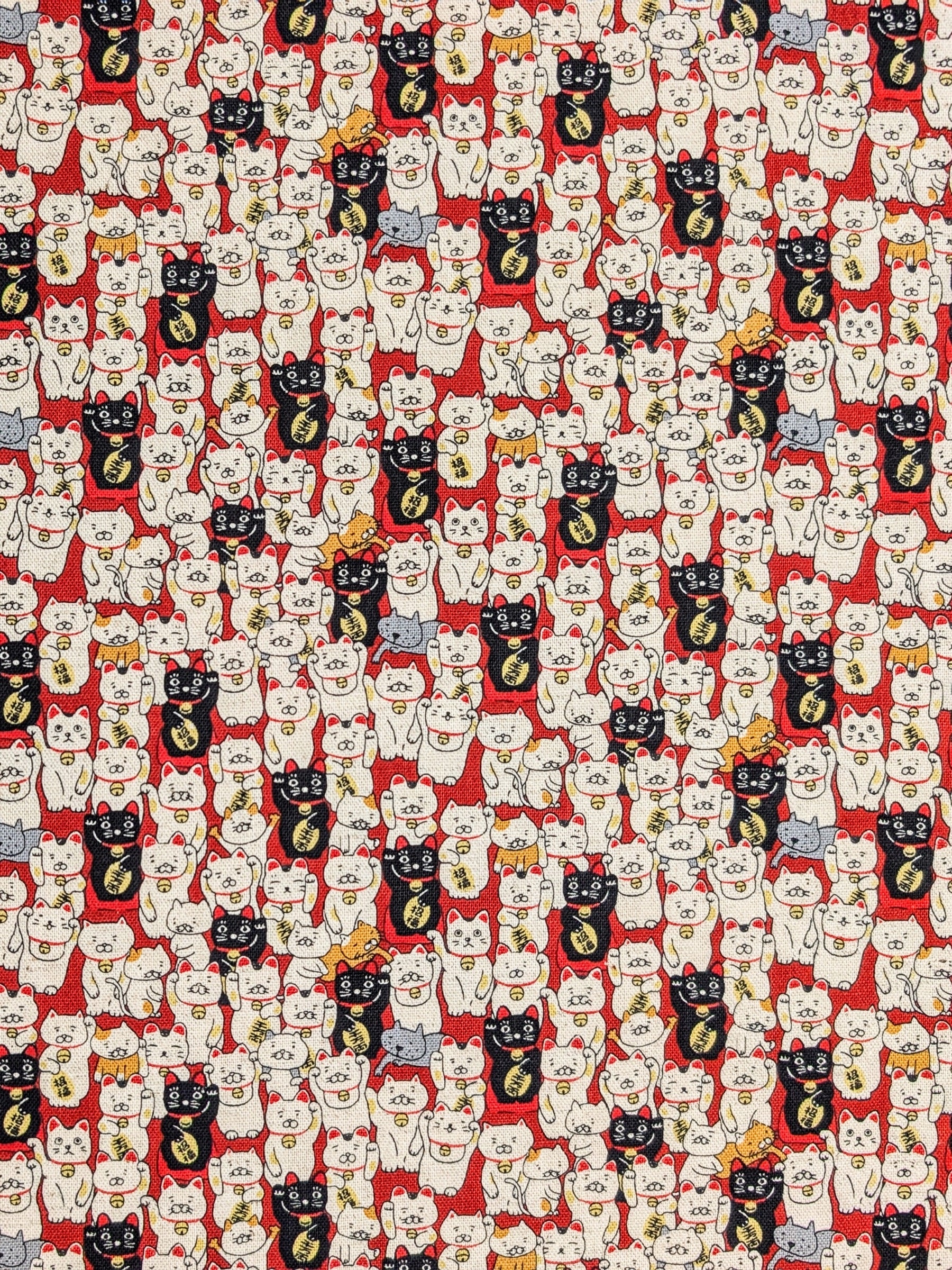 Kobayashi - Little Lucky Cats Cotton/Linen Light Canvas Fabric - Red