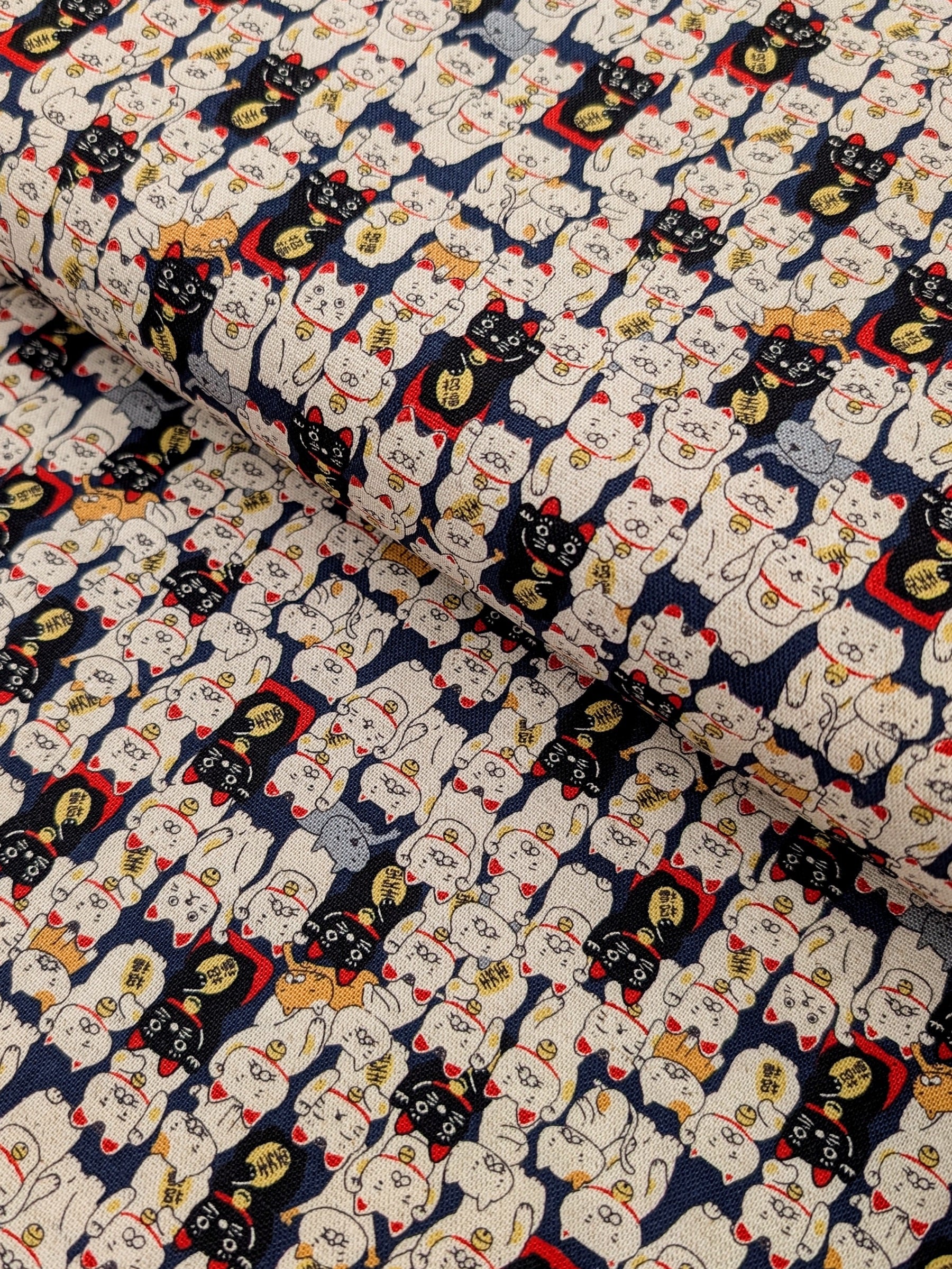 Kobayashi - Little Lucky Cats Cotton/Linen Light Canvas Fabric - Navy Blue