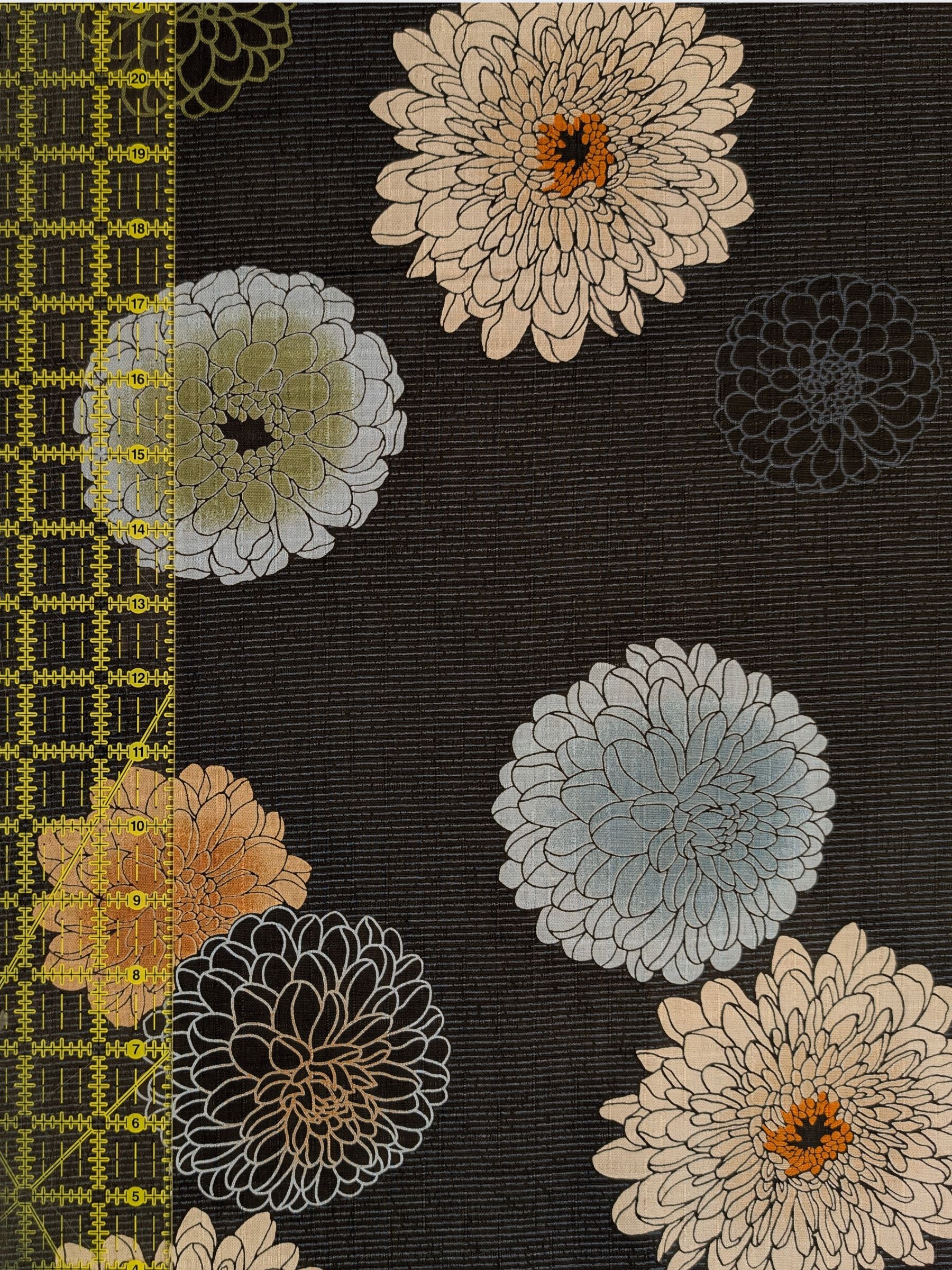 Kobayashi - Japanese Chrysanthemum & Pinstripes Dobby Cotton Fabric - Dark Brown