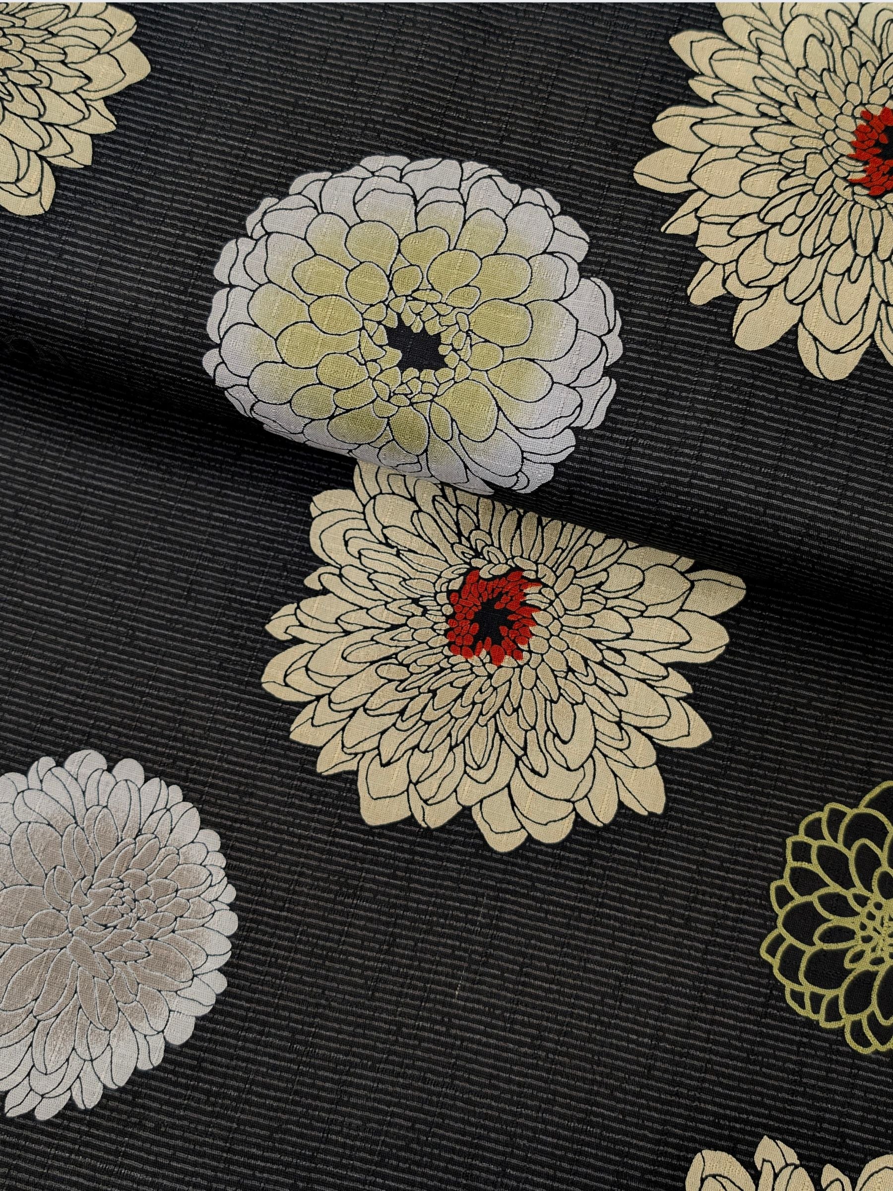 Kobayashi - Japanese Chrysanthemum & Pinstripes Dobby Cotton Fabric - Black